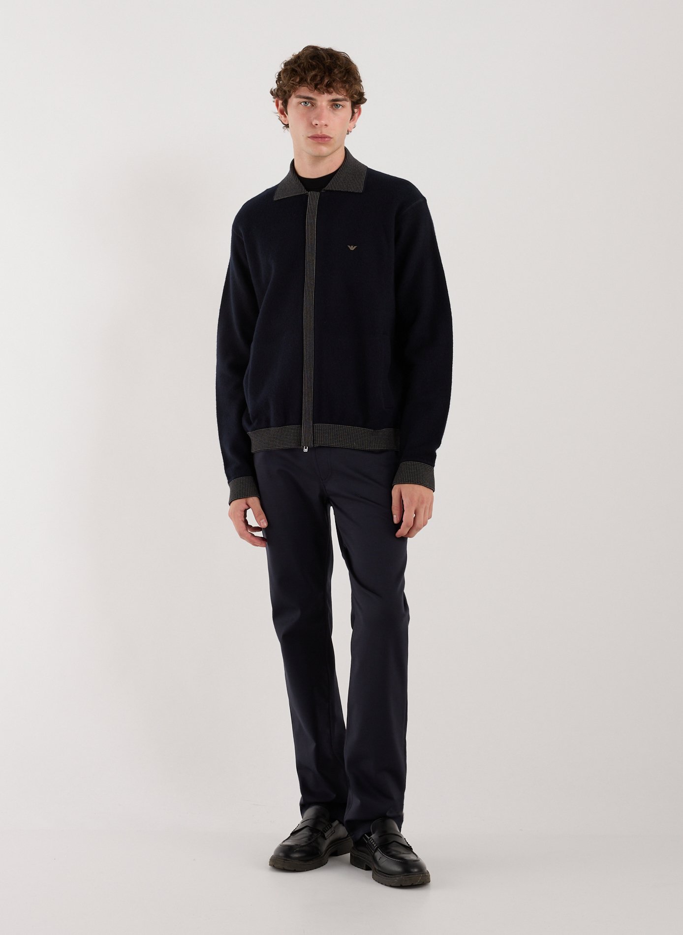 Zip-up sweater in virgin wool with embroidery EMPORIO ARMANI Blue