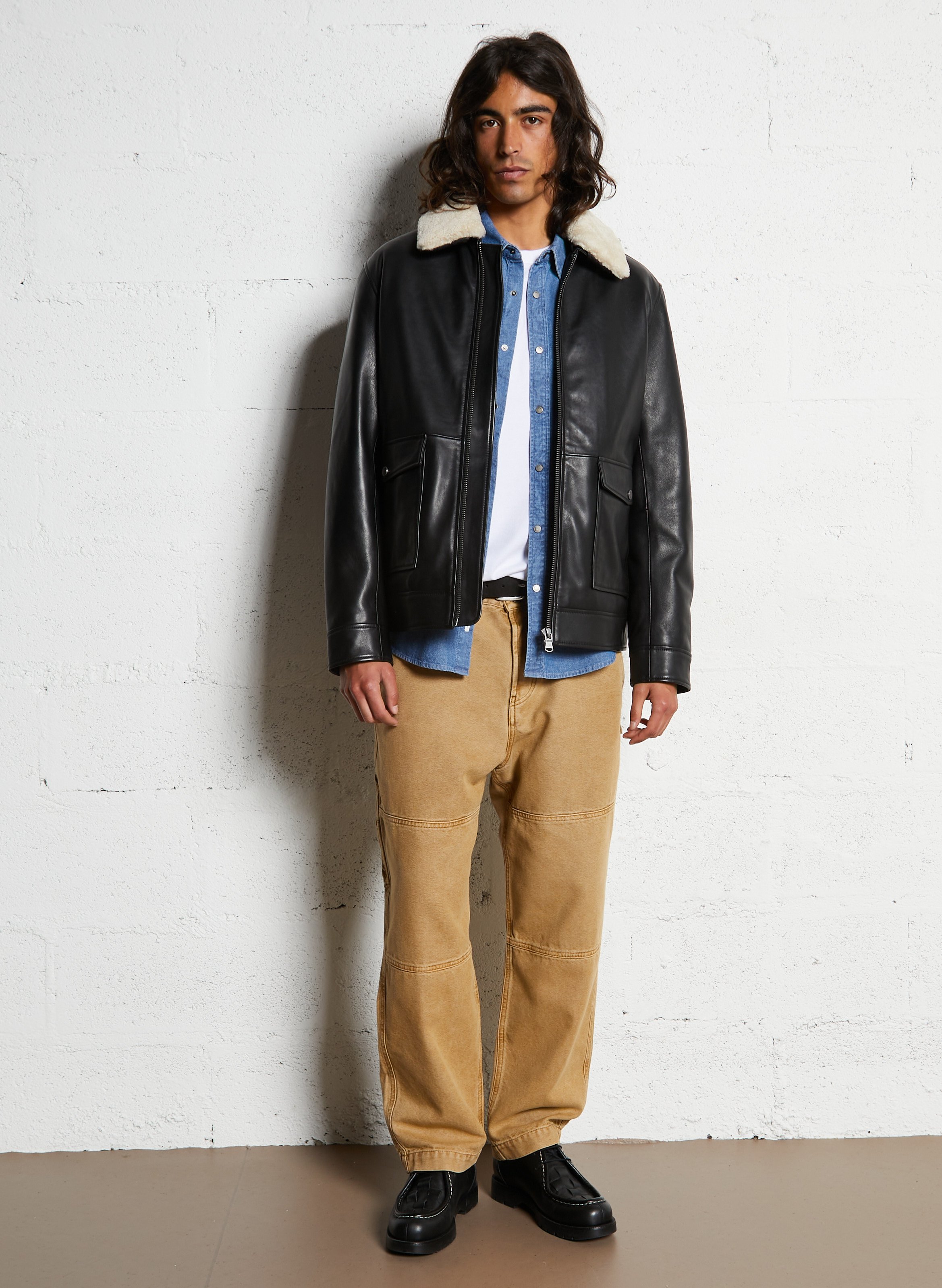 Blouson en cuir droit IKKS Noir