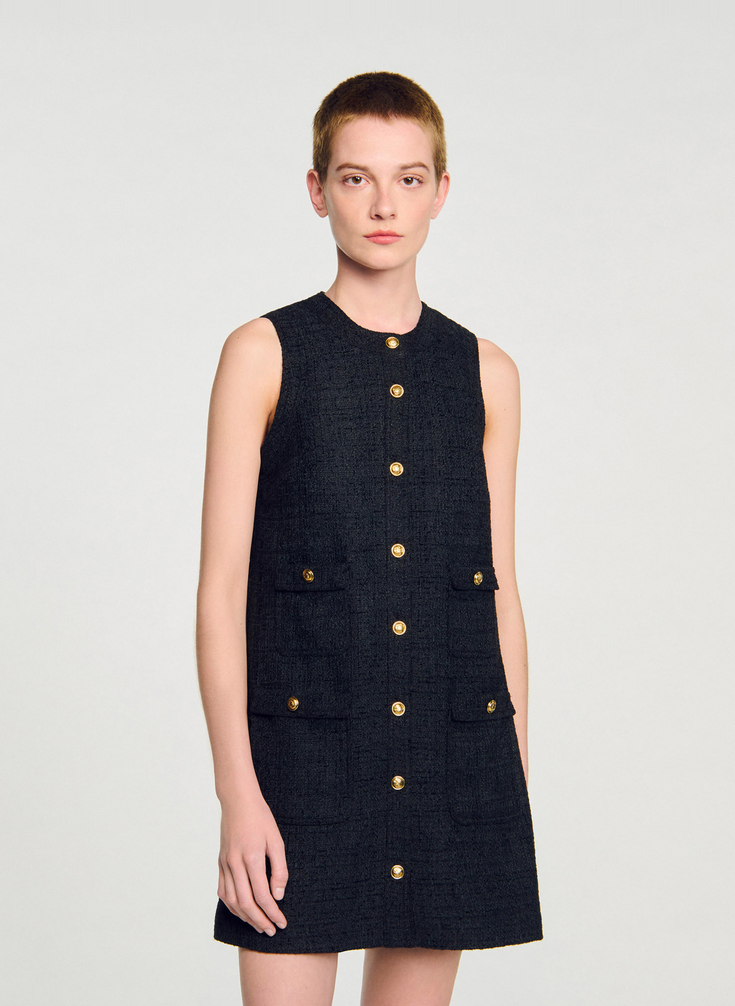 Robe courte col rond en tweed Noir