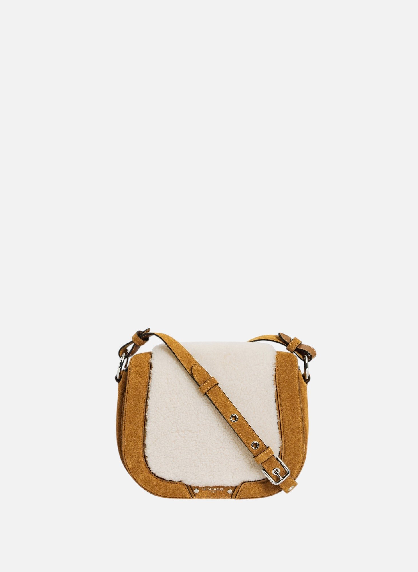 Sac bandoulière moyen modèle ella en cuir suède et peau lainée LE TANNEUR Marron