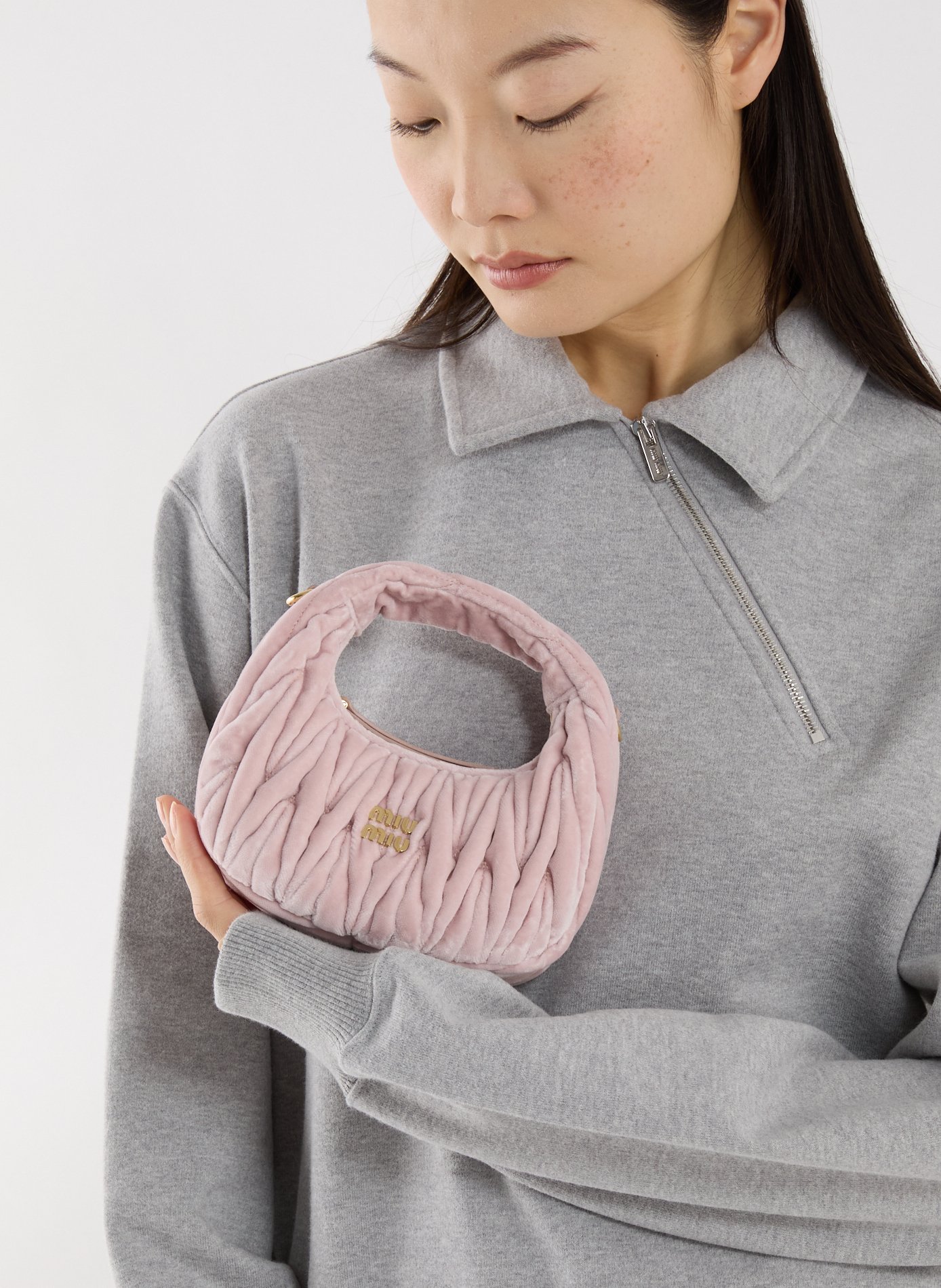 Sac à main velours en coton et cuir MIU MIU Rose