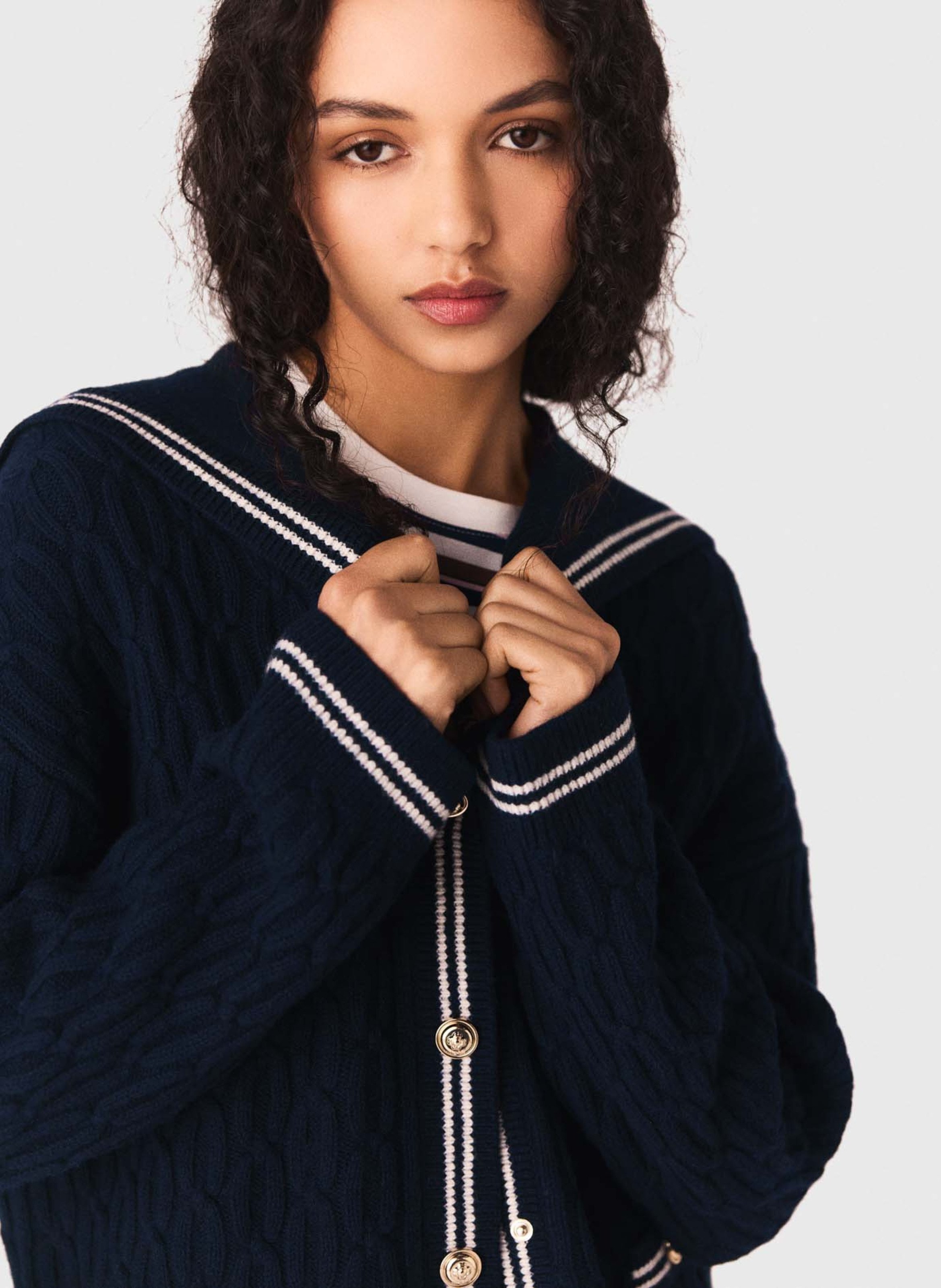 Gilet droit col rabattu en laine tricotée MAJE Bleu