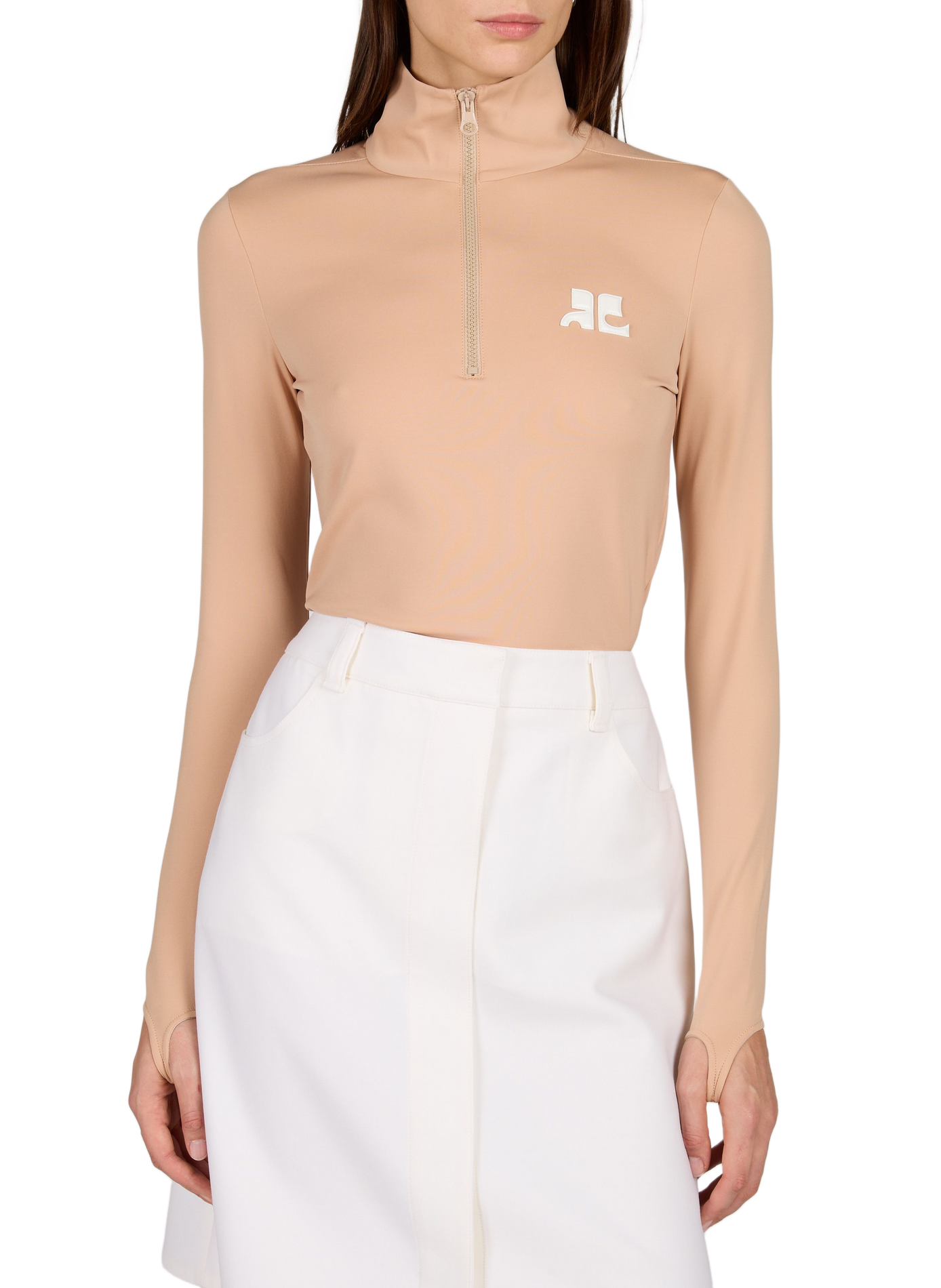 Top manches longues ajusté à col zippé COURRÈGES Beige