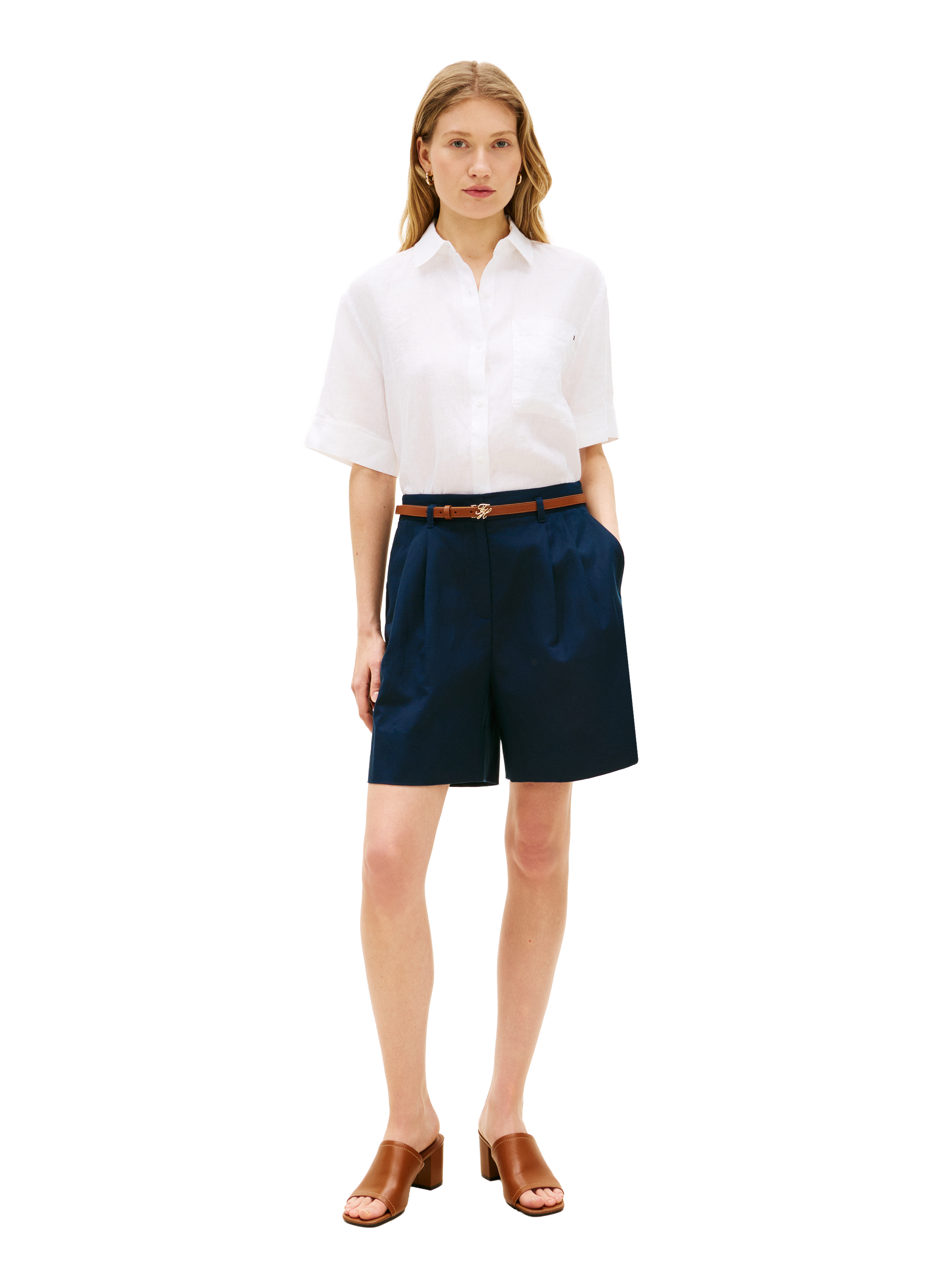 Chemise courte à logo en lin TOMMY HILFIGER Blanc