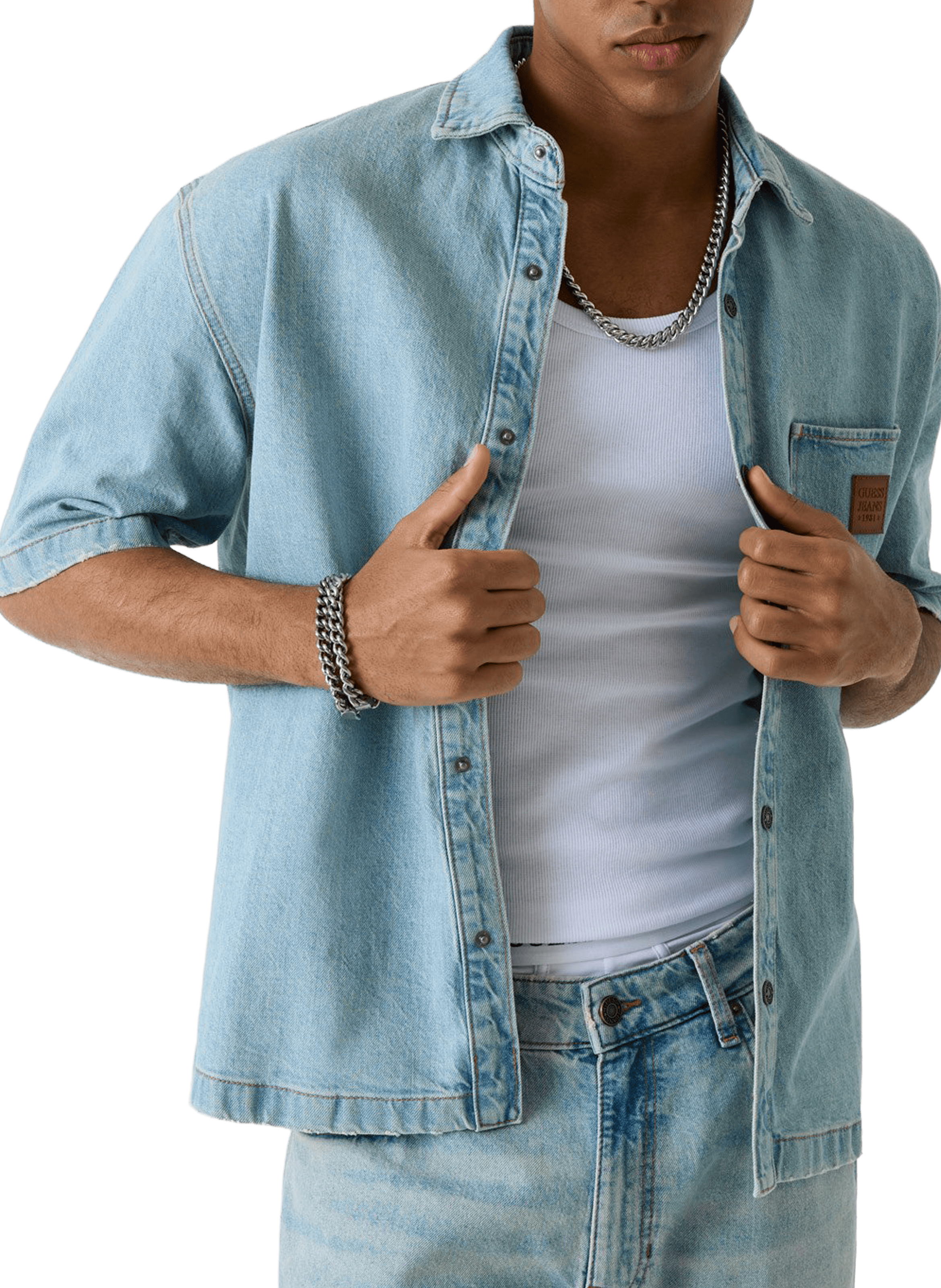 Chemise manches courtes en coton mélangé GUESS Bleu