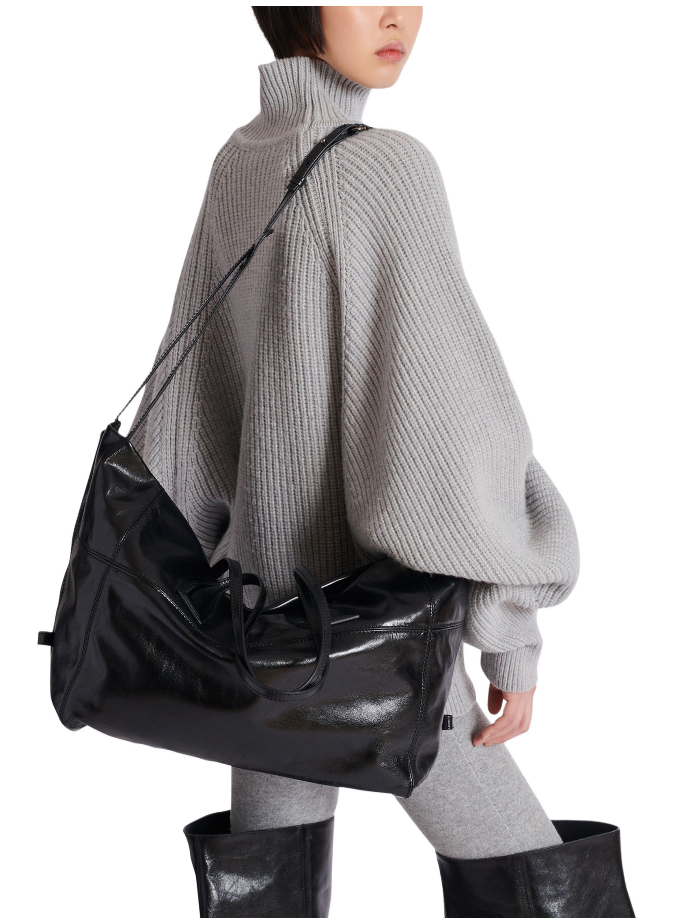 Sac cabas track zips en cuir de veau BALMAIN Noir