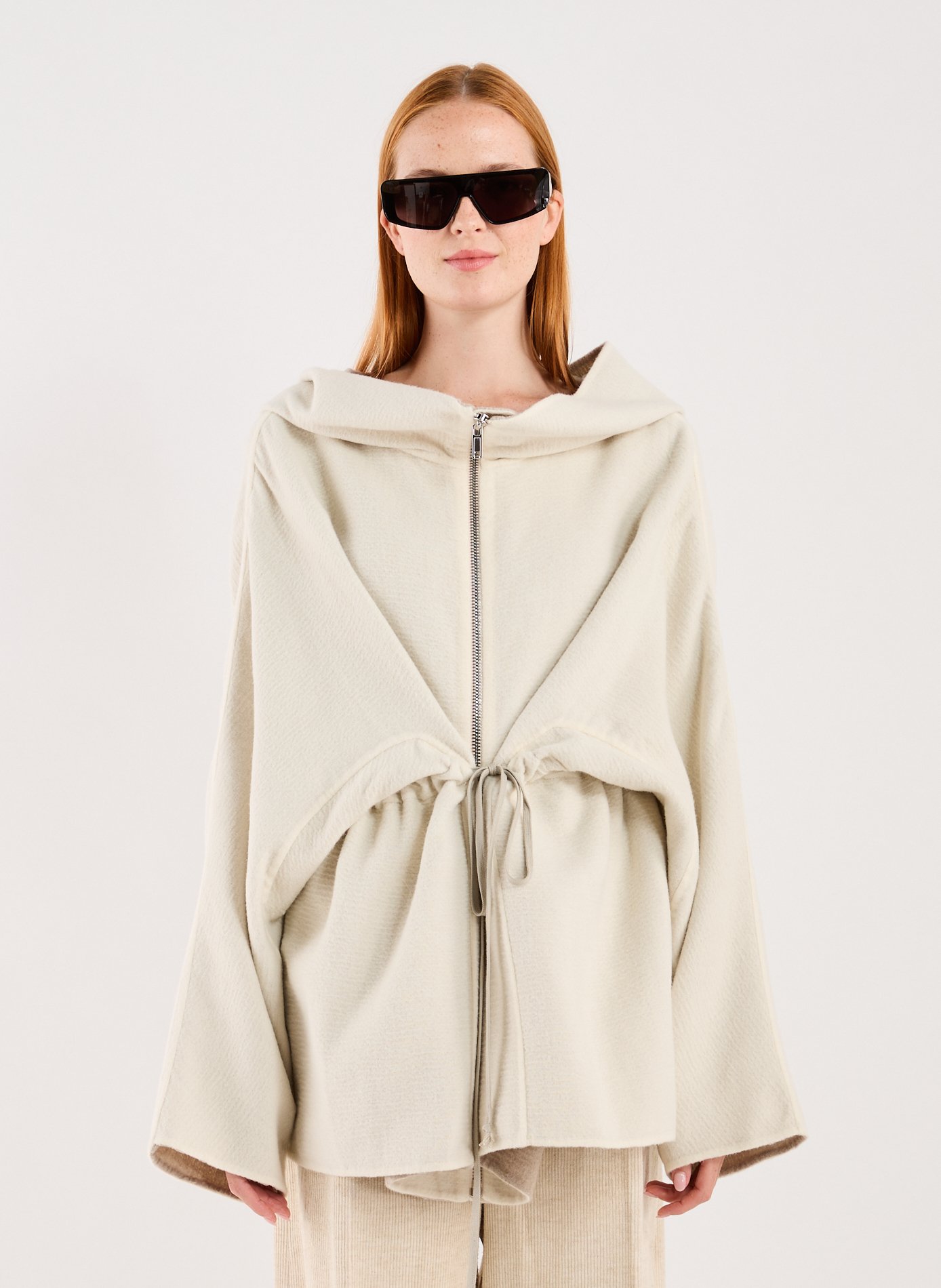 RICK OWENS Oversized hooded coat in camel hair and wool blend White