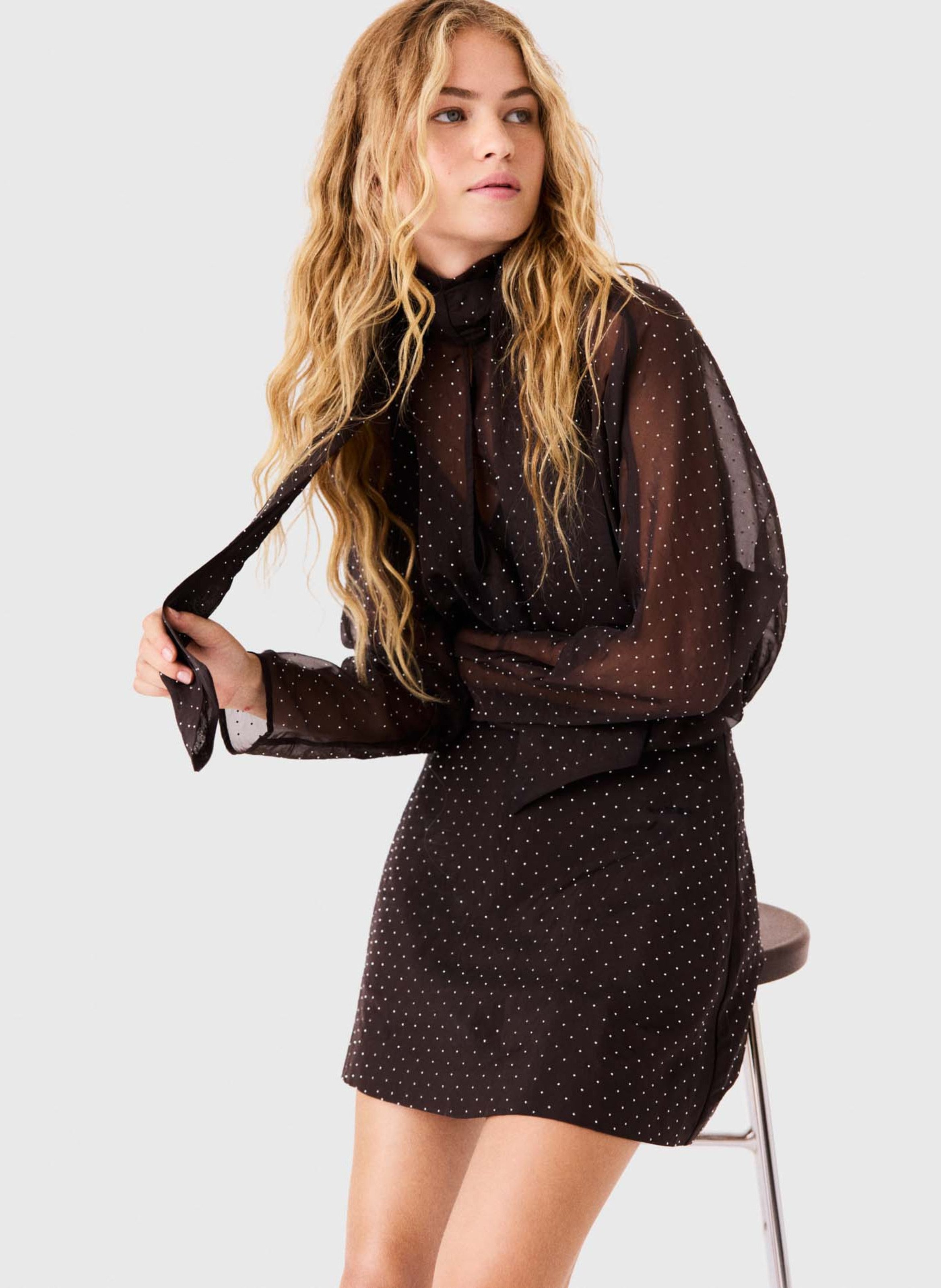 Robe droite col lavallière à pois MAJE Marron