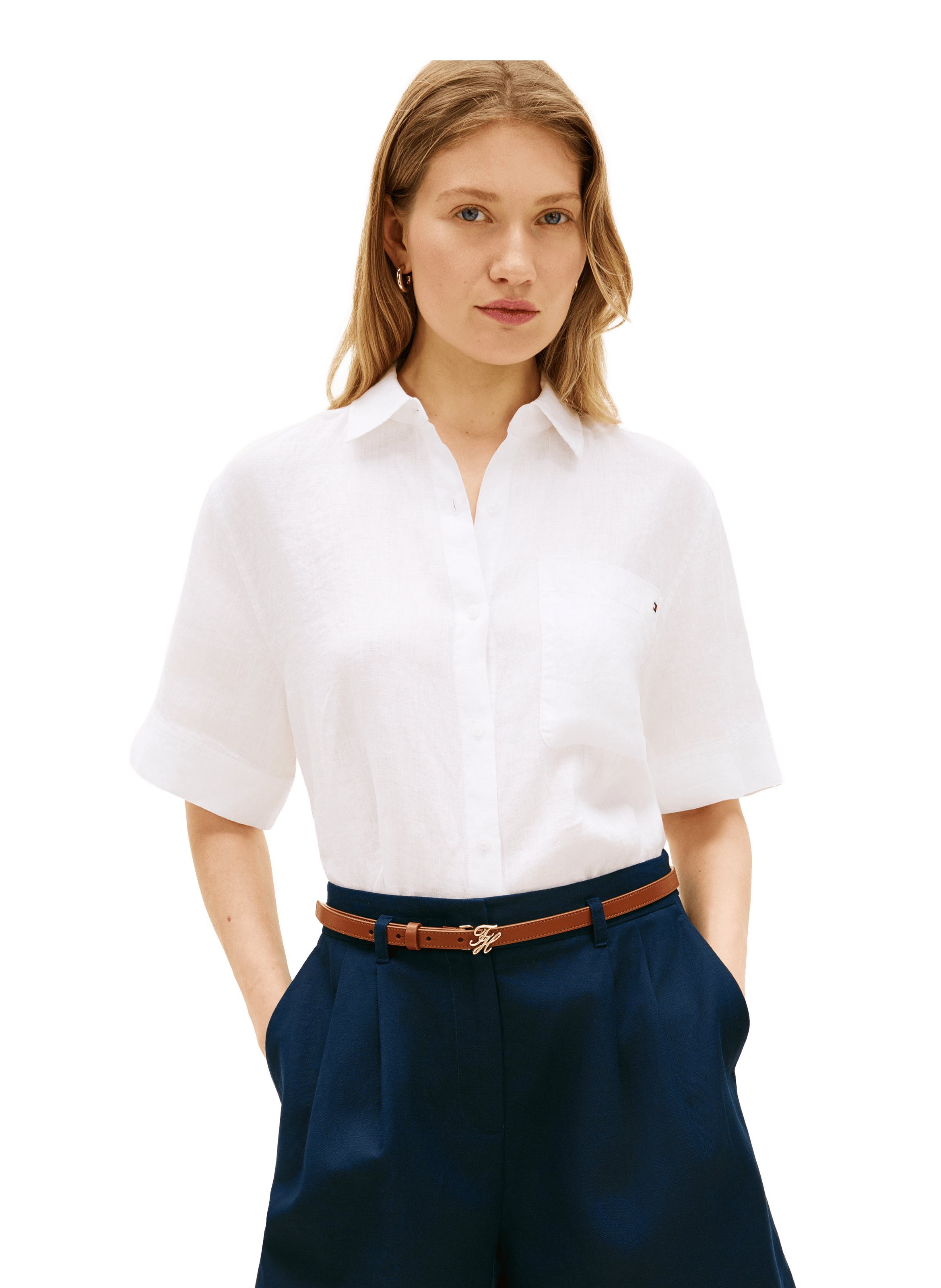 Chemise courte à logo en lin TOMMY HILFIGER Blanc