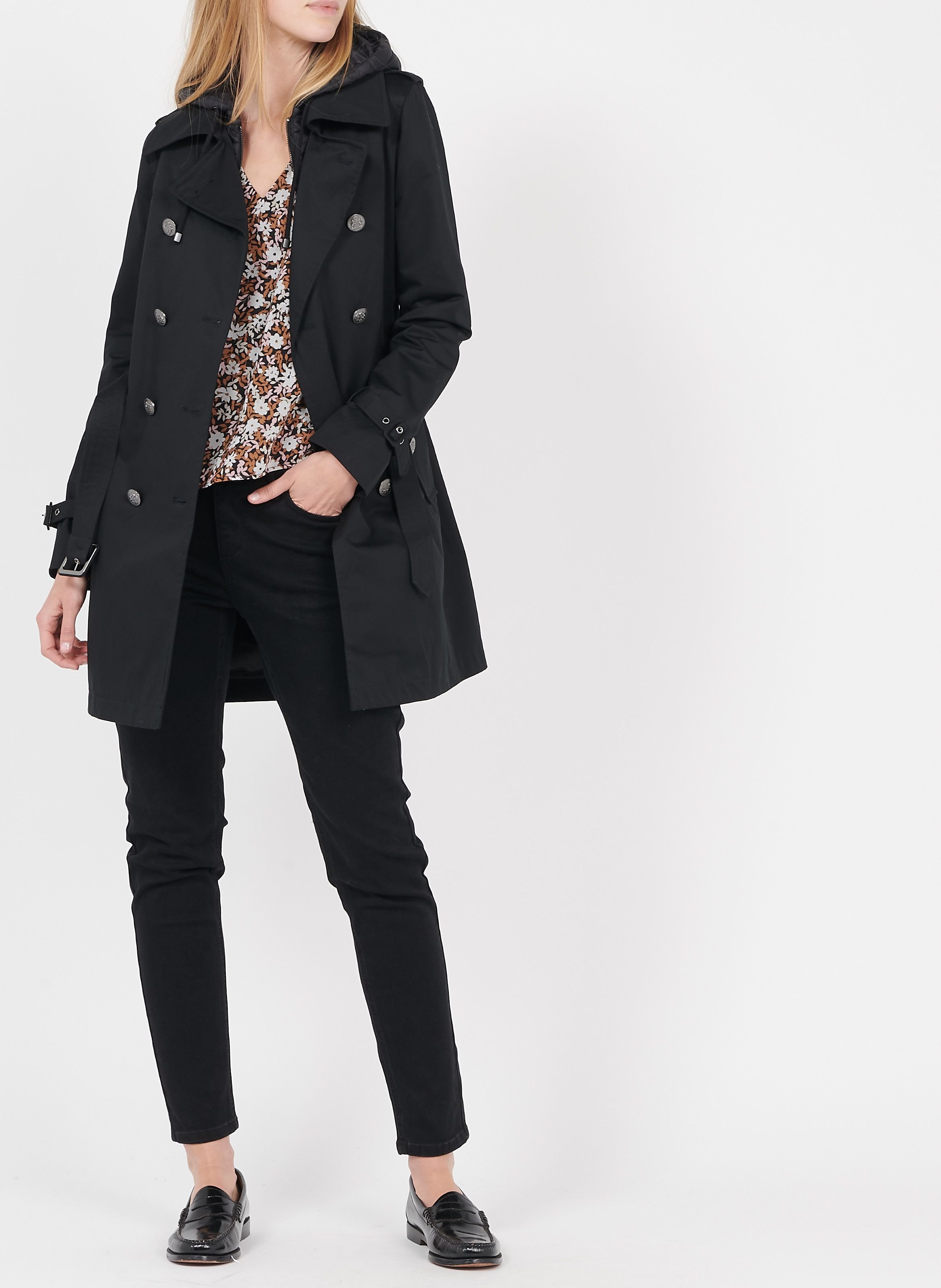 Trench col tailleur à capuche en coton IKKS Noir