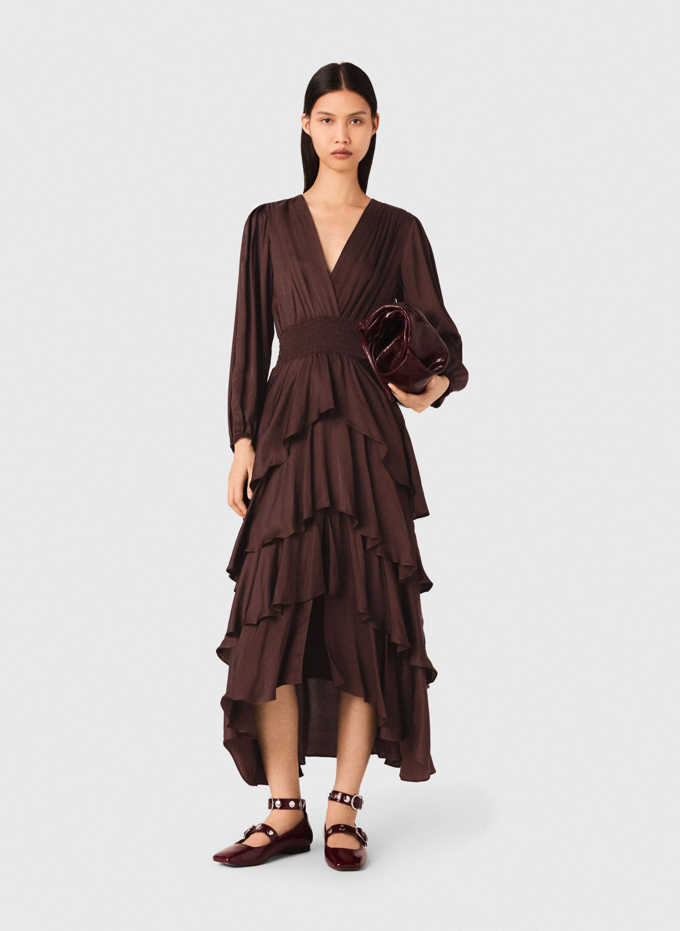 Robe longue à volants col v MAJE Marron