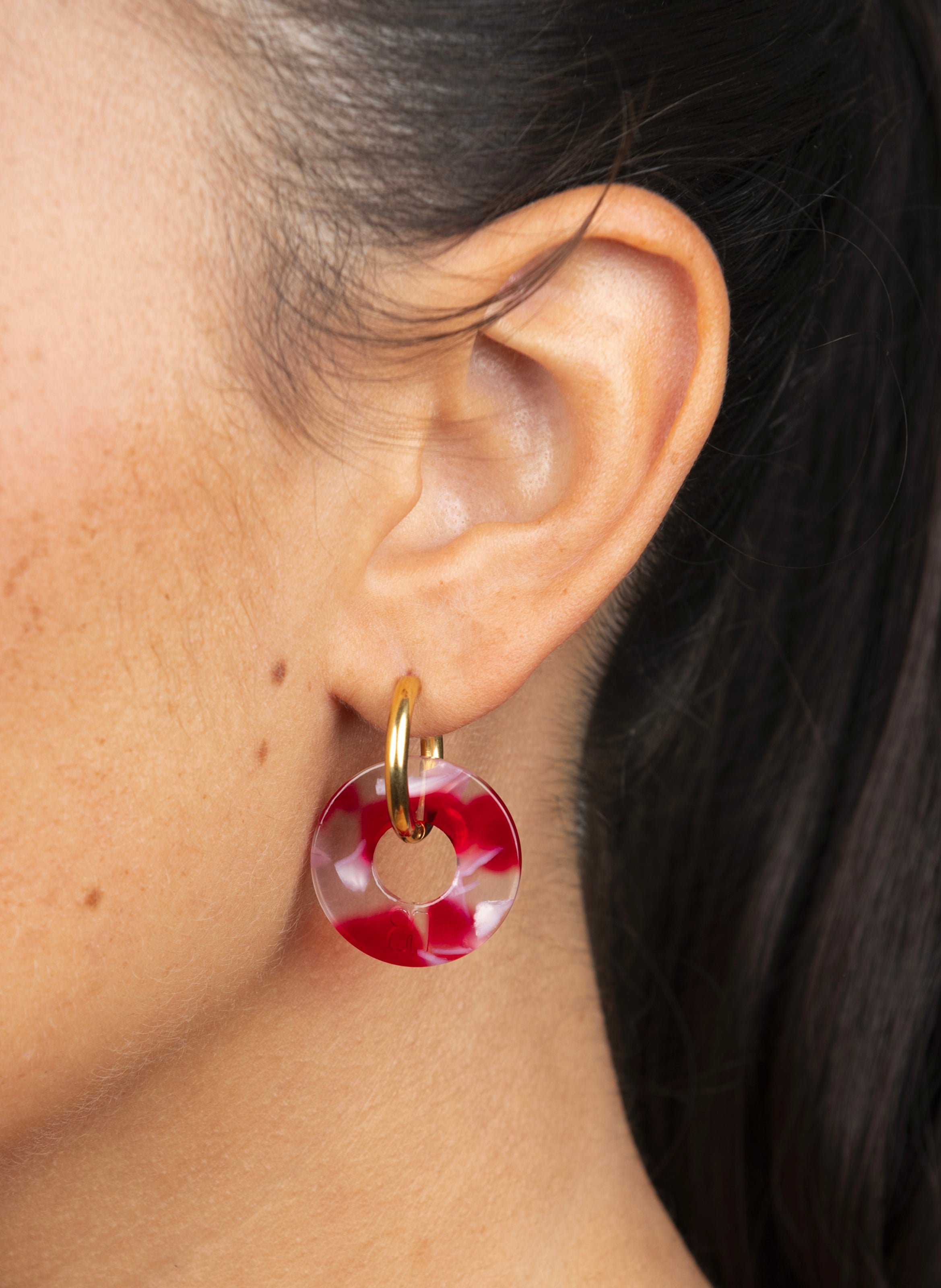 Boucles d'oreilles donuts avec anneaux en acier inoxydable argenté KURAGE GINZA Rouge