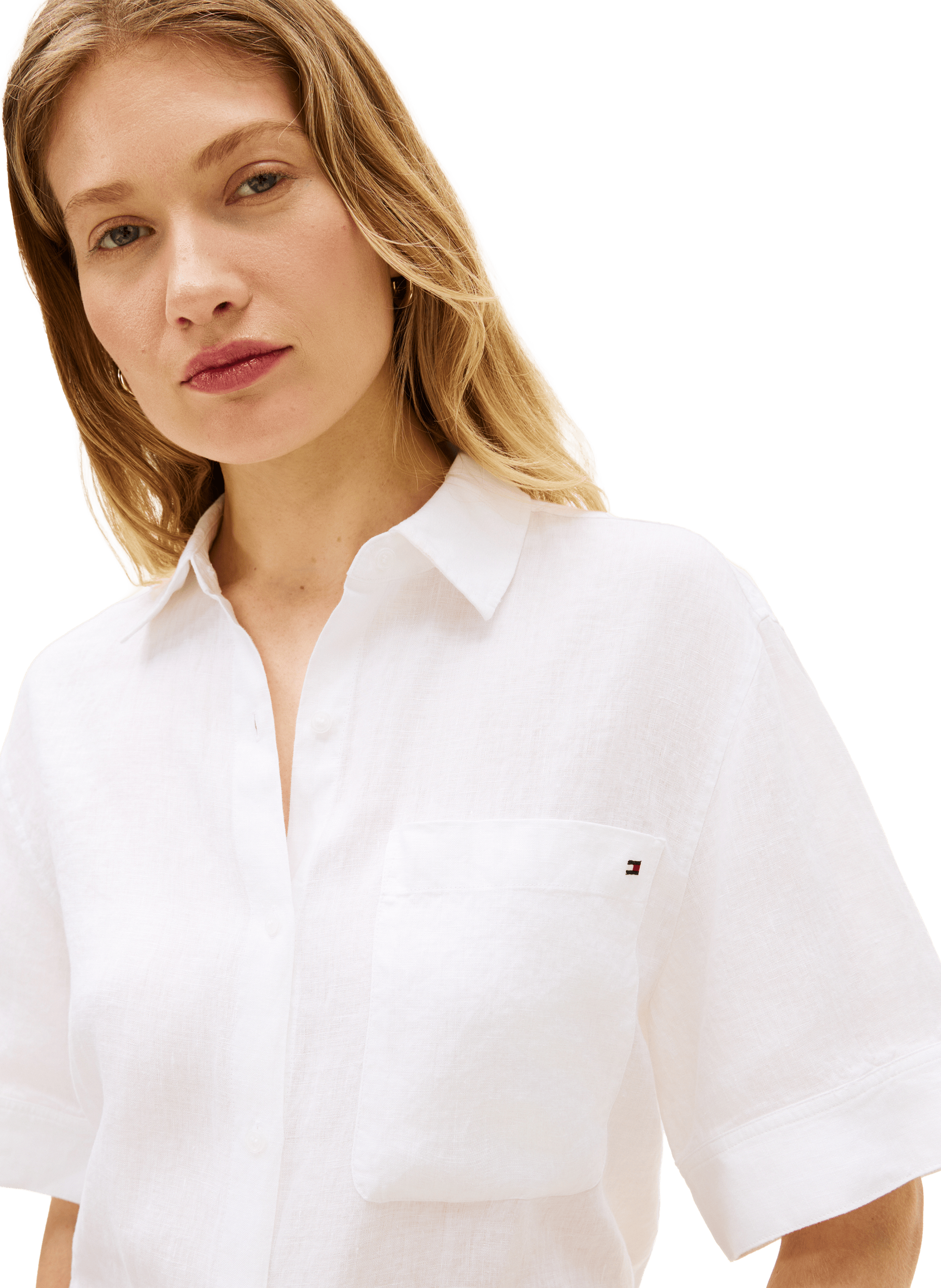 Chemise courte à logo en lin TOMMY HILFIGER Blanc