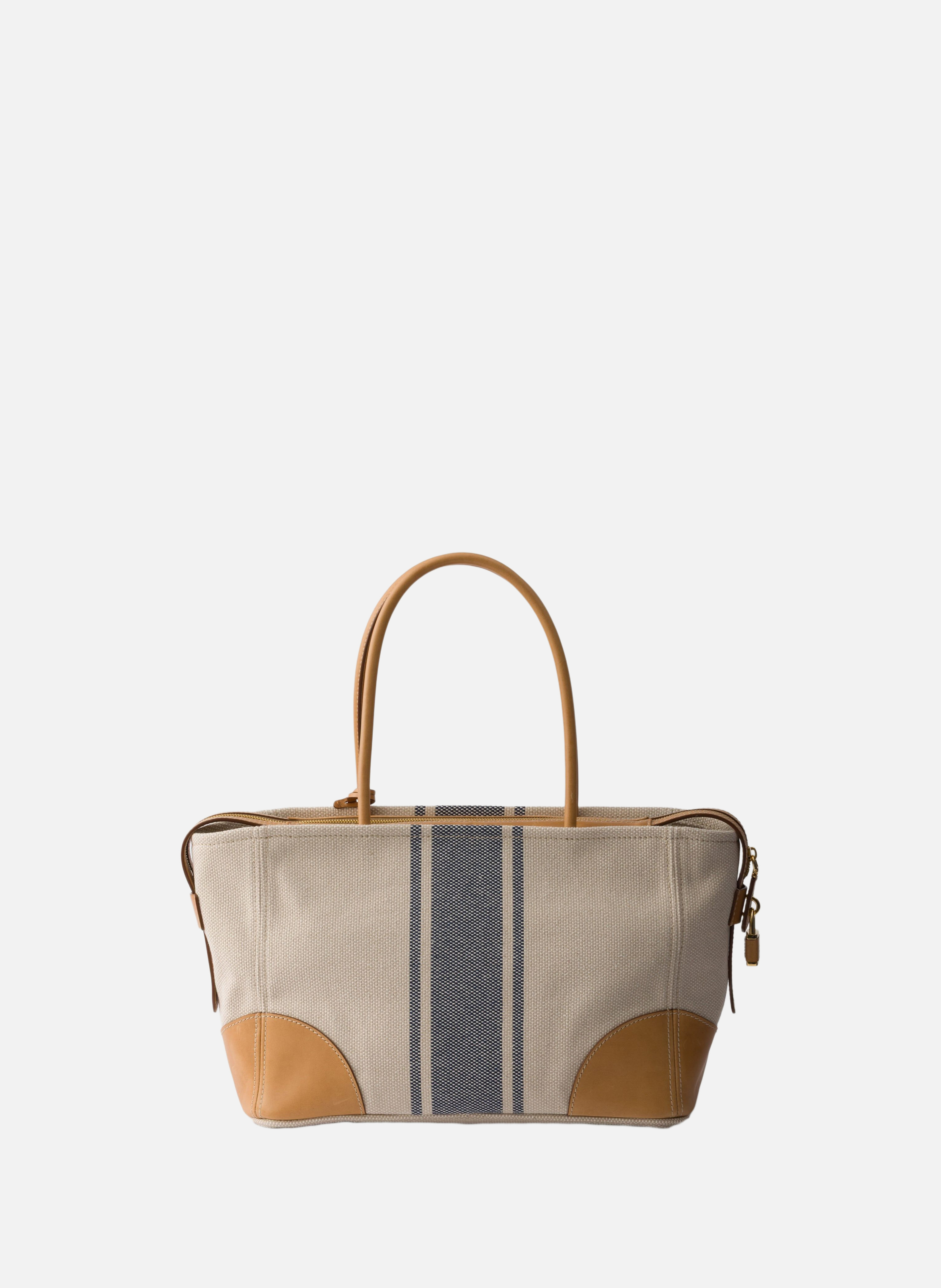 Grand shopping bag en toile et cuir Beige