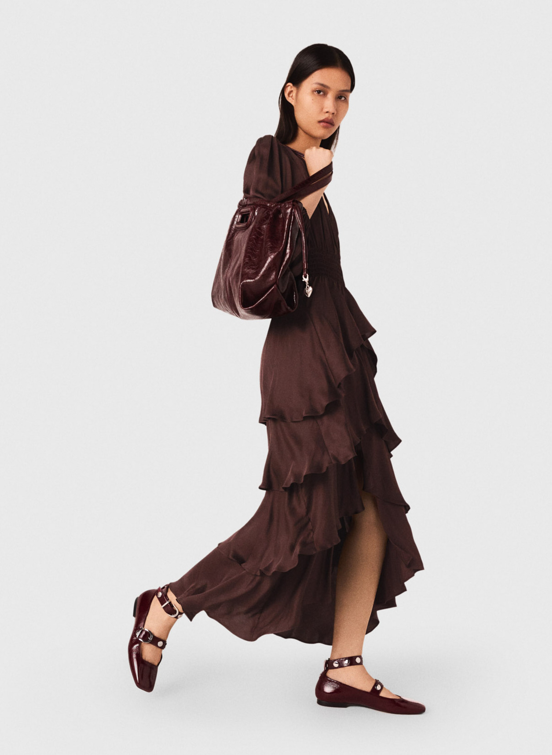 Robe longue à volants col v MAJE Marron