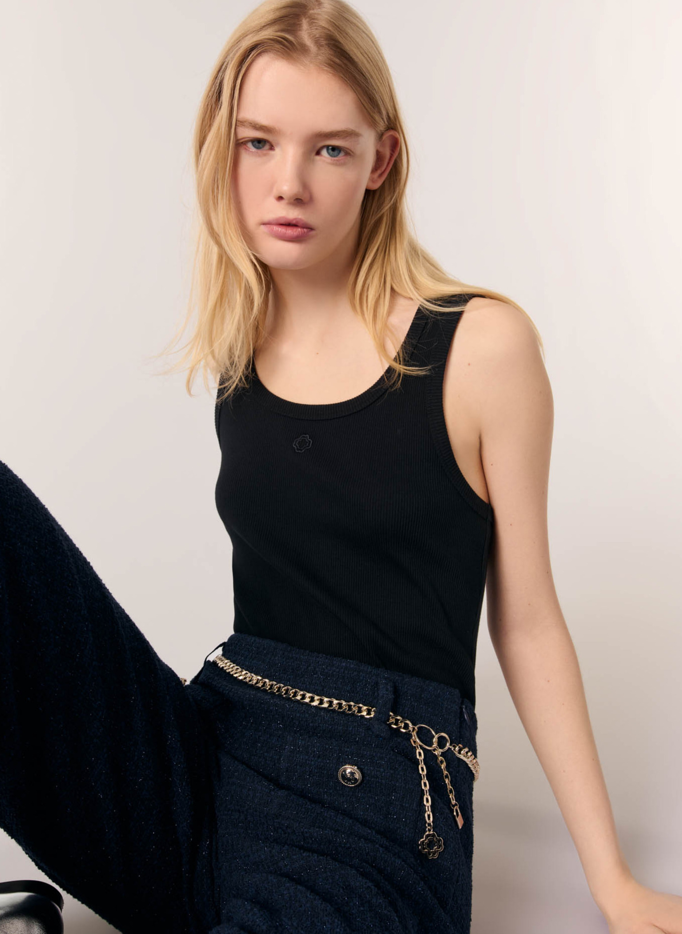 Débardeur droit col rond en coton côtelé MAJE Noir