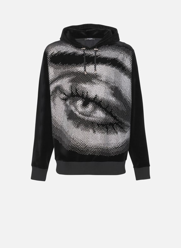 Hoodie balmain en velours et strass en motif eye Noir by BALMAIN BALMAIN Hoodie balmain en velours et strass en motif eye Noir