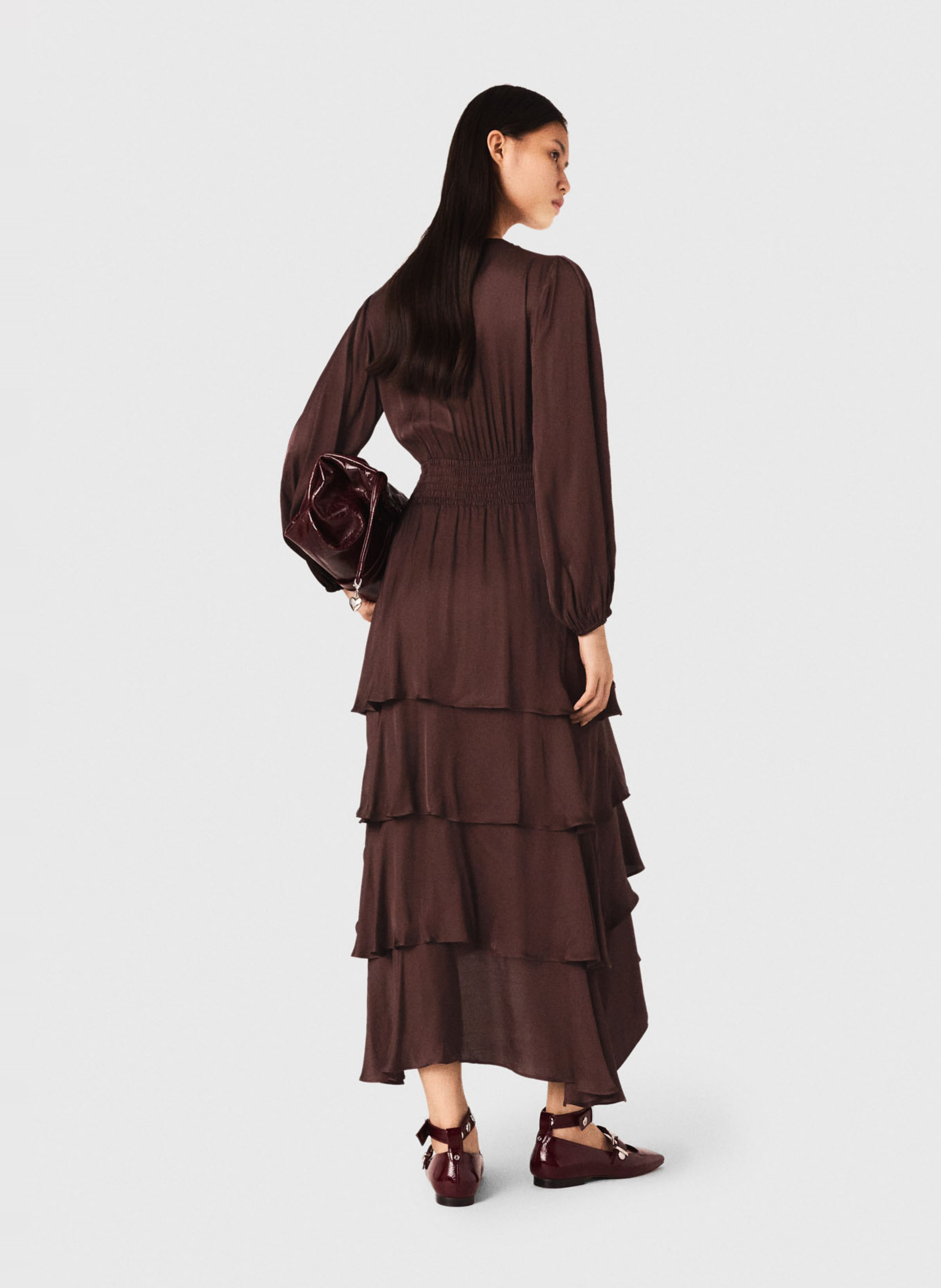 Robe longue à volants col v MAJE Marron