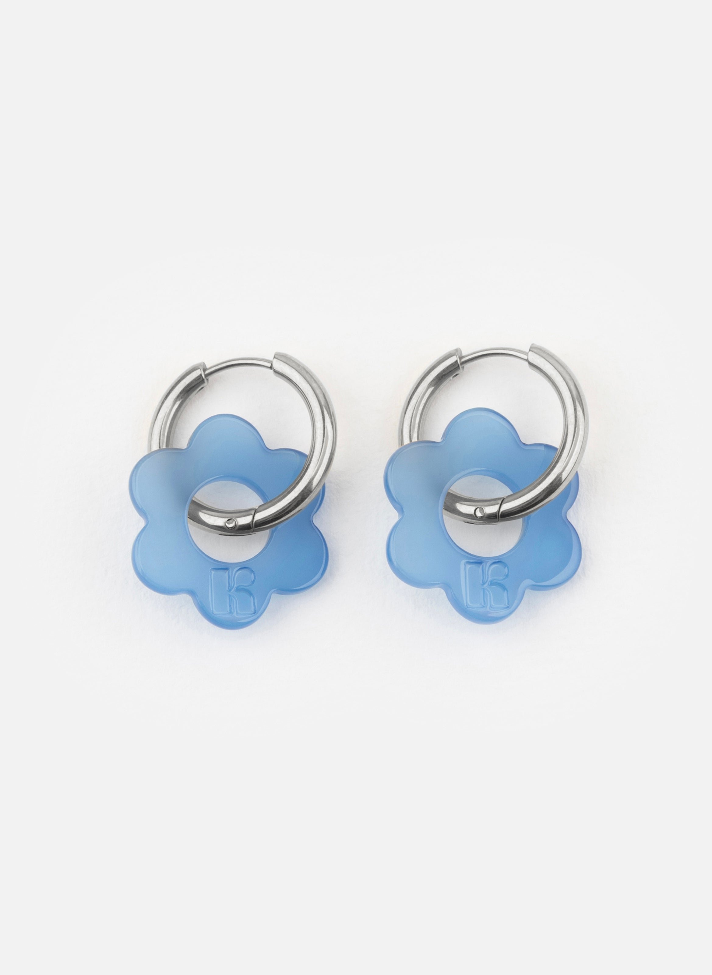 Boucles d'oreilles baby fleurette avec anneaux en acier inoxydable argenté  Bleu