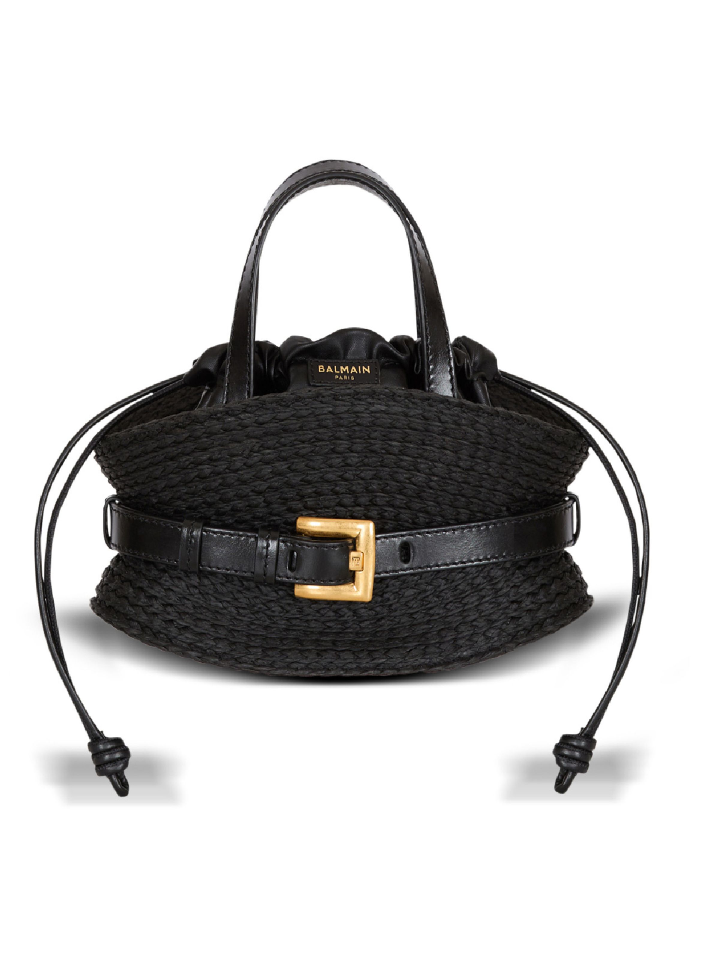 BALMAIN Sac shuffle mini en cuir de veau et raphia Noir