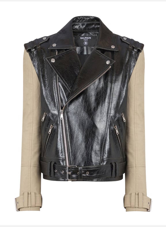 Veste biker bi-matière en cuir et coton Noir by BALMAIN BALMAIN Veste biker bi-matière en cuir et coton Noir
