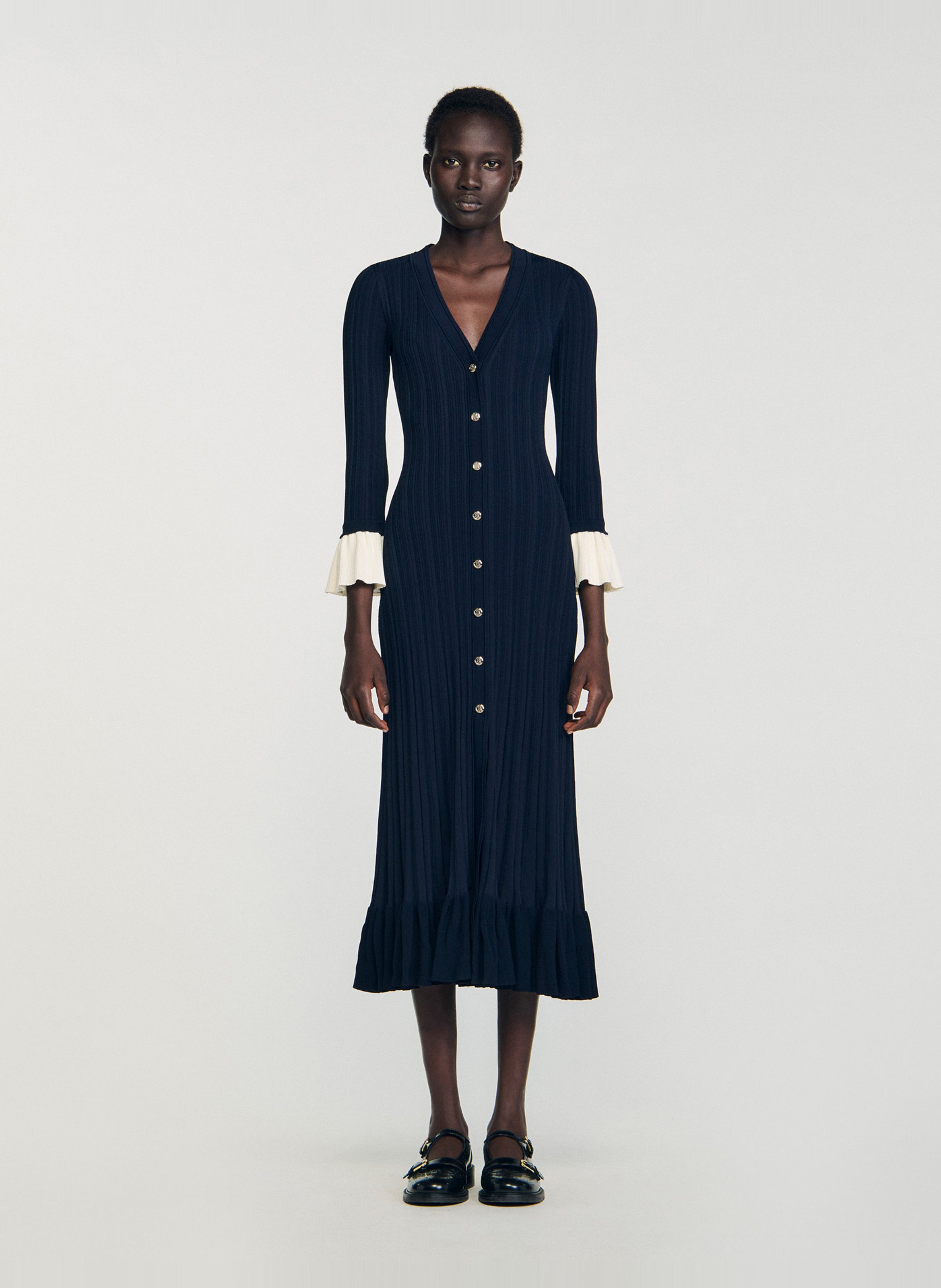 Robe longue moulante col v SANDRO Bleu