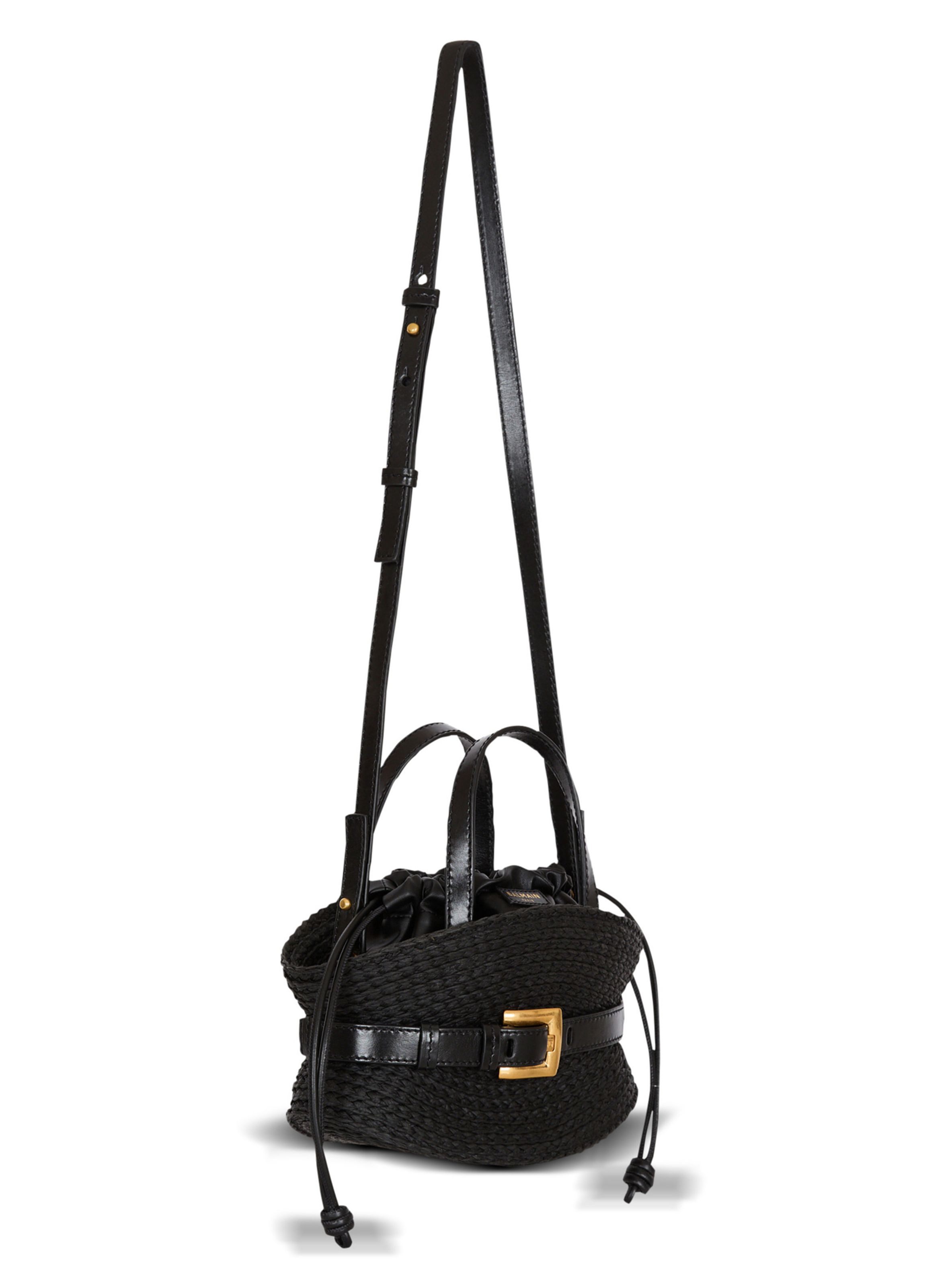 Sac shuffle mini en cuir de veau et raphia BALMAIN Noir