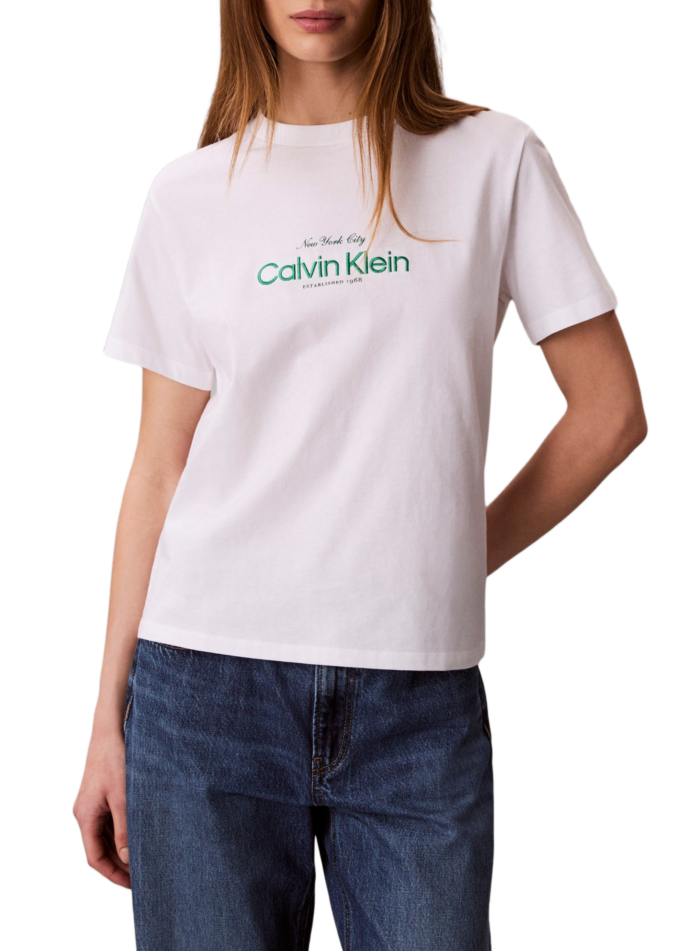 T-shirt brodé à col rond en coton CALVIN KLEIN Blanc