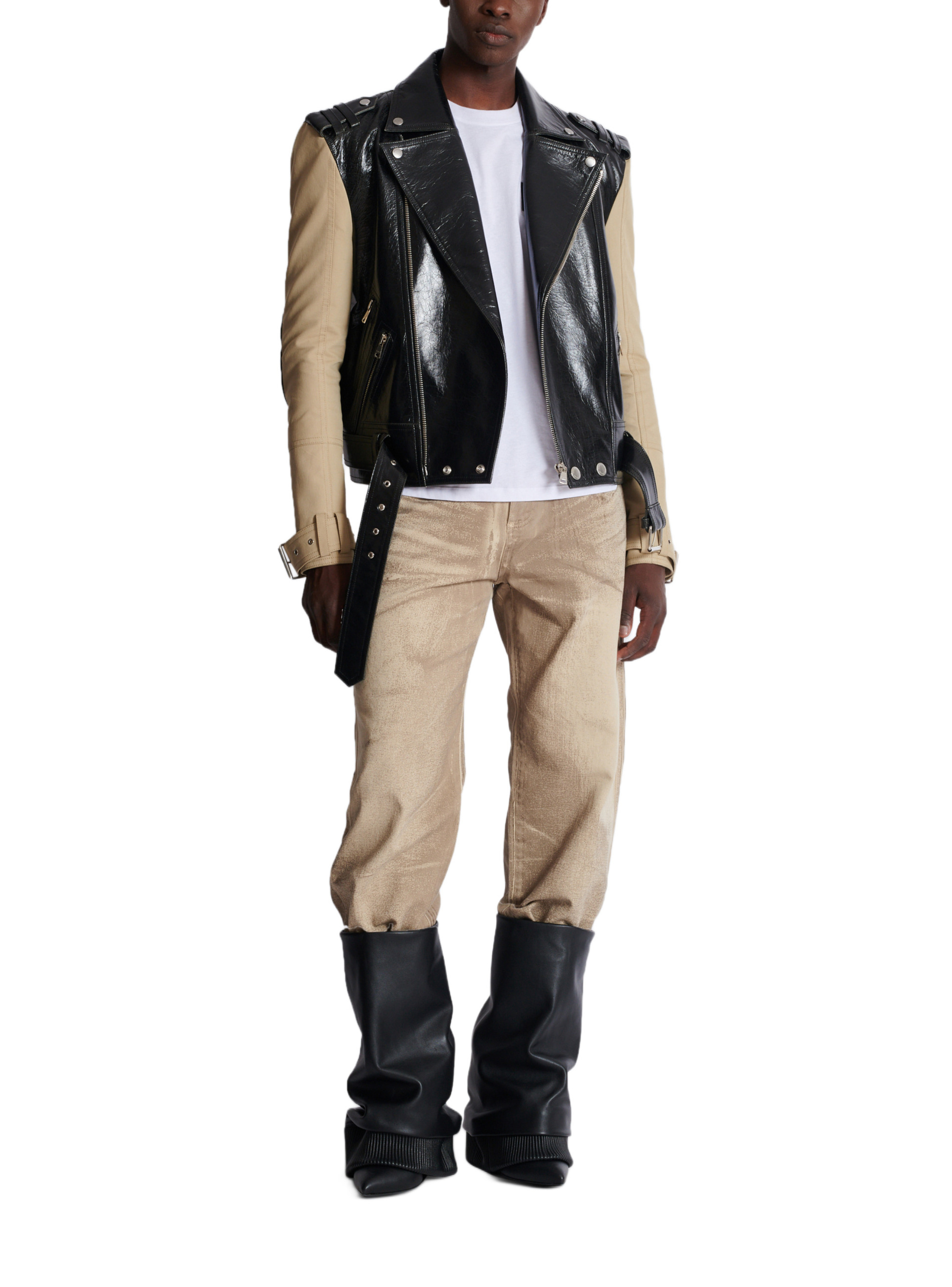 Veste biker bi-matière en cuir et coton BALMAIN Noir