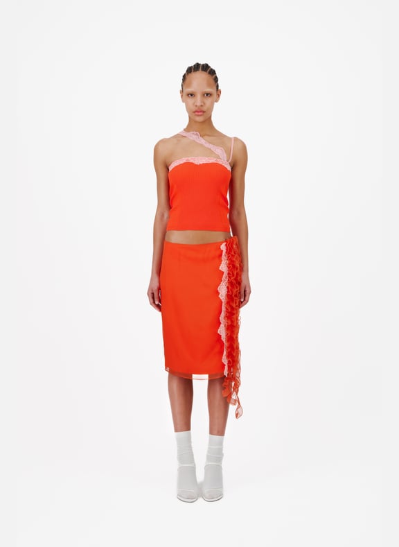 Jupe midi en organza avec volants et détails en dentelle Orange by VAILLANT VAILLANT Jupe midi en organza avec volants et détails en dentelle Orange