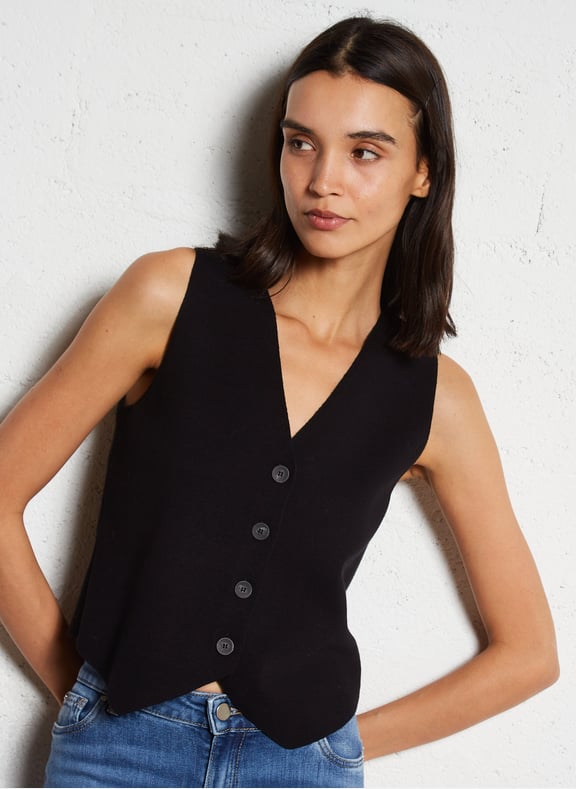 Gilet col v en coton mélangé suzon Noir by MAISON 123 MAISON 123 Gilet col v en coton mélangé suzon Noir