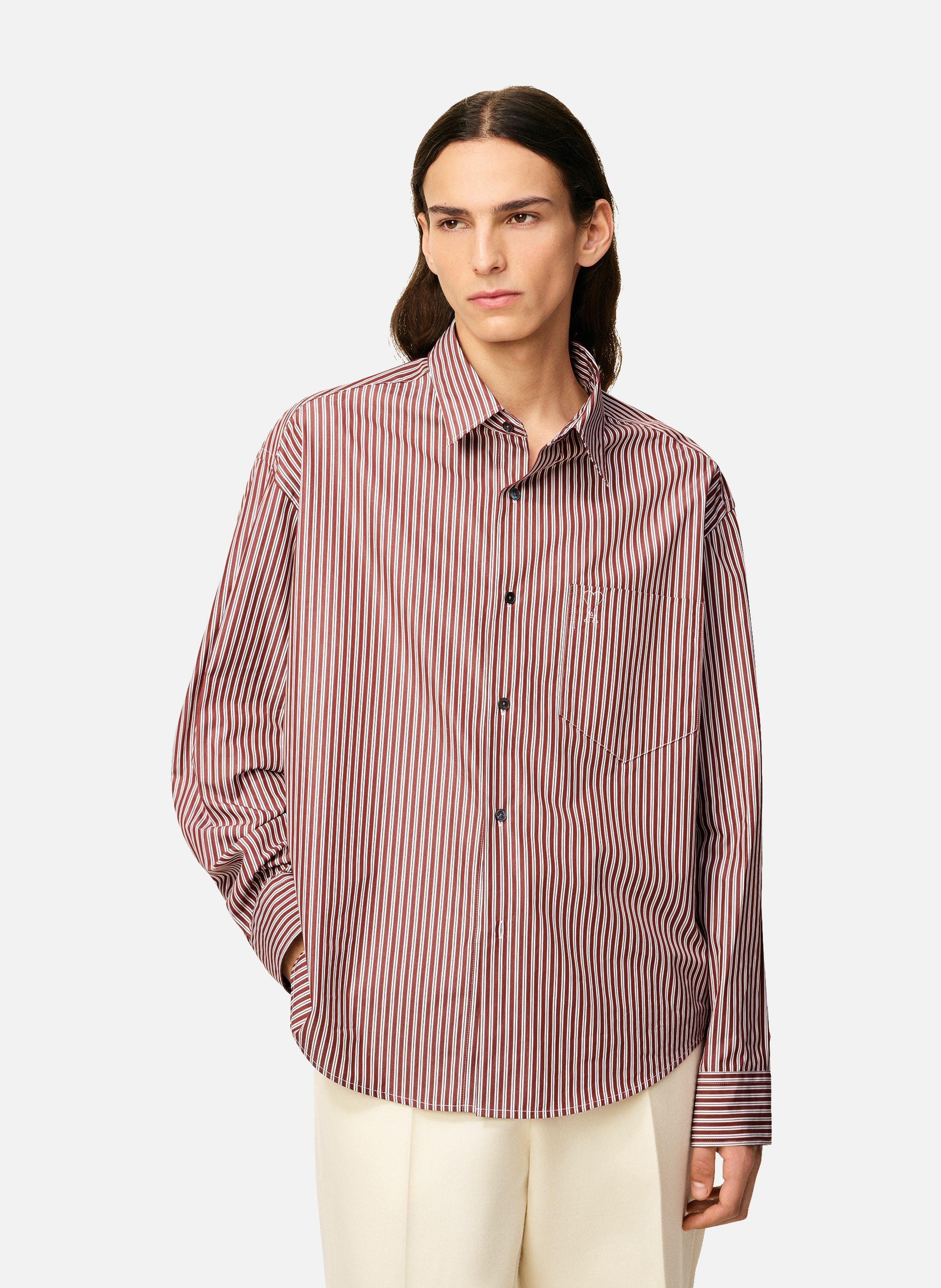 Chemise boxy rayée ami de coeur  en coton unisexe AMI PARIS Rouge