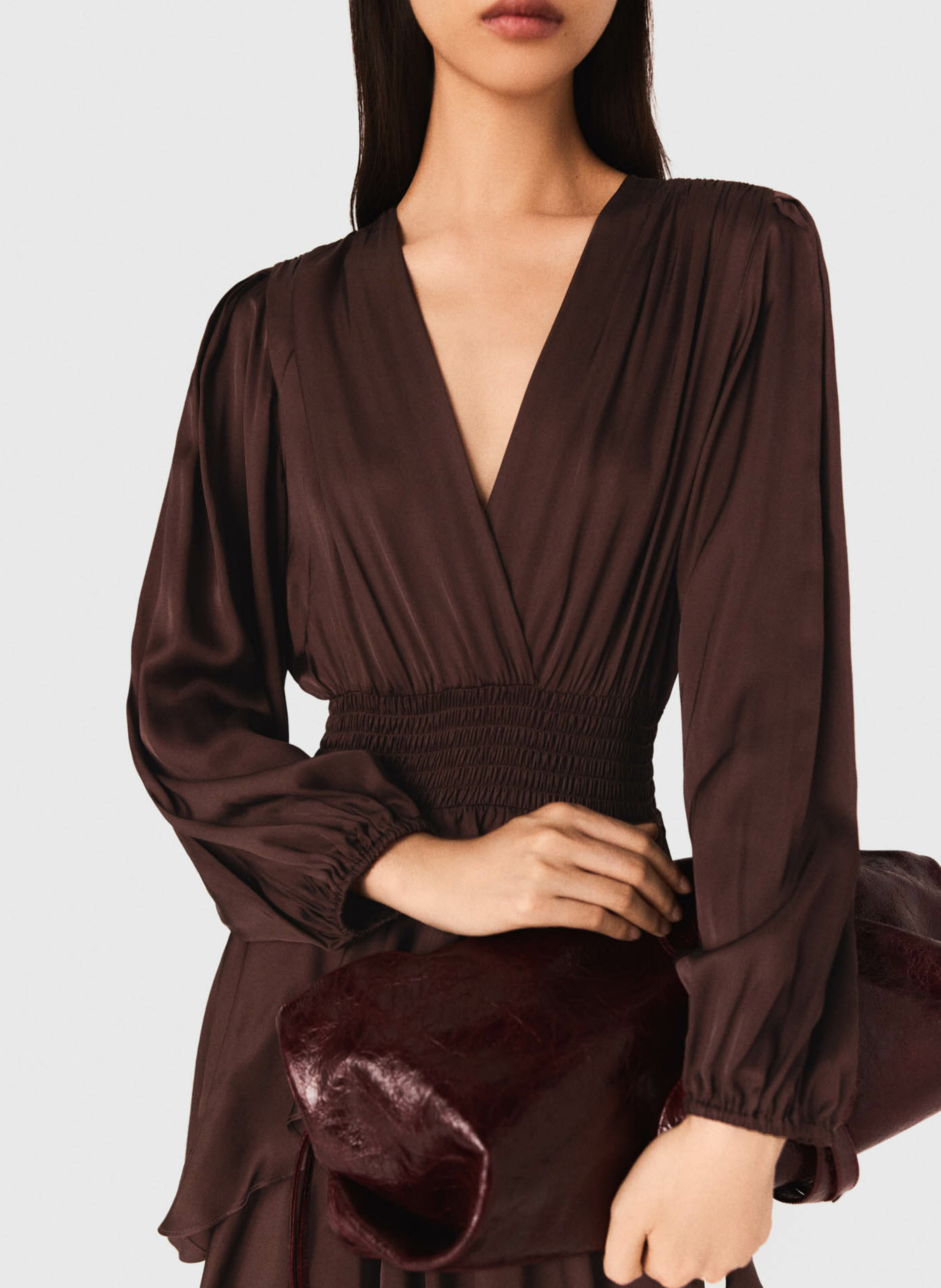 Robe longue à volants col v MAJE Marron