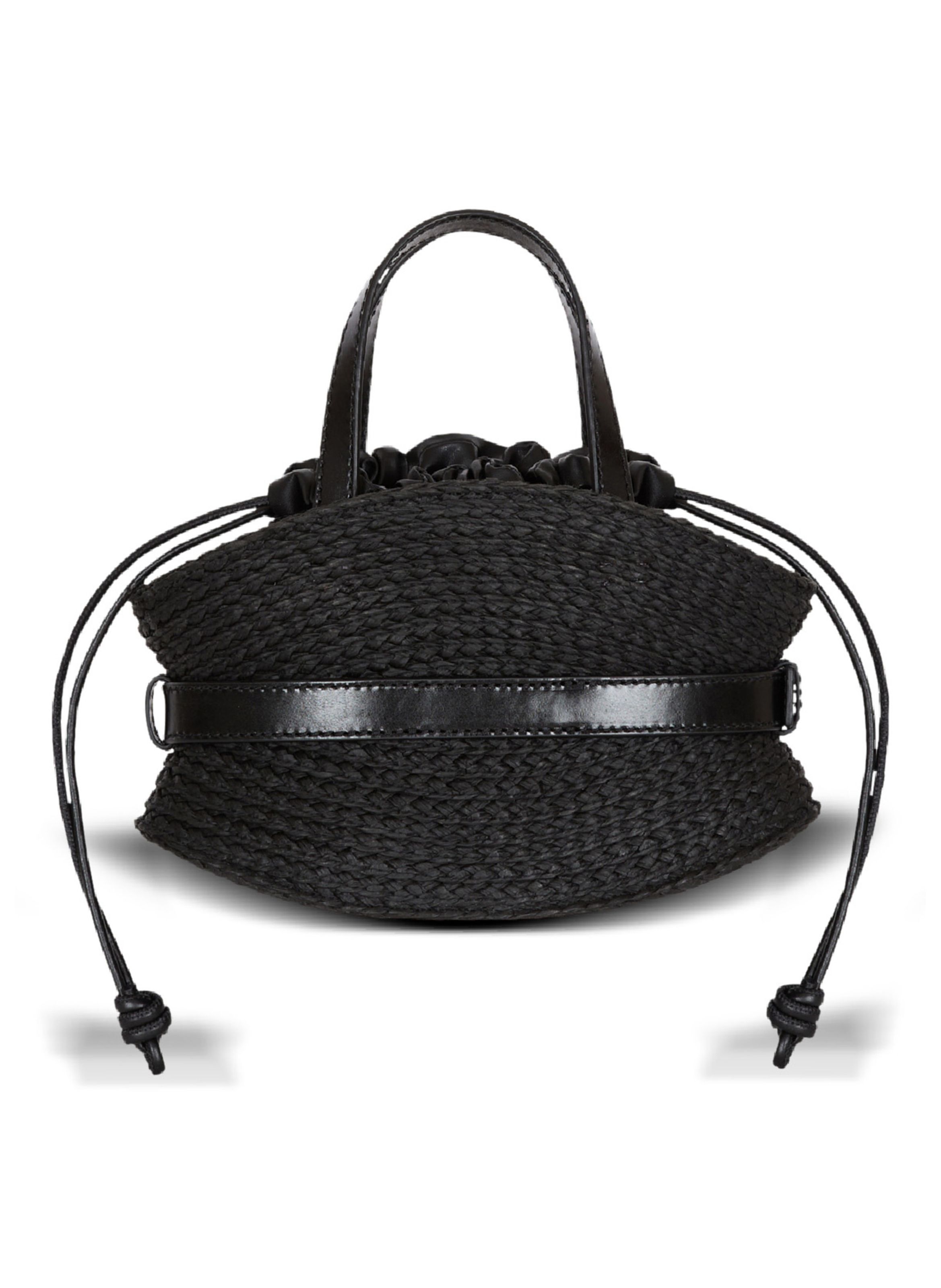 Sac shuffle mini en cuir de veau et raphia BALMAIN Noir