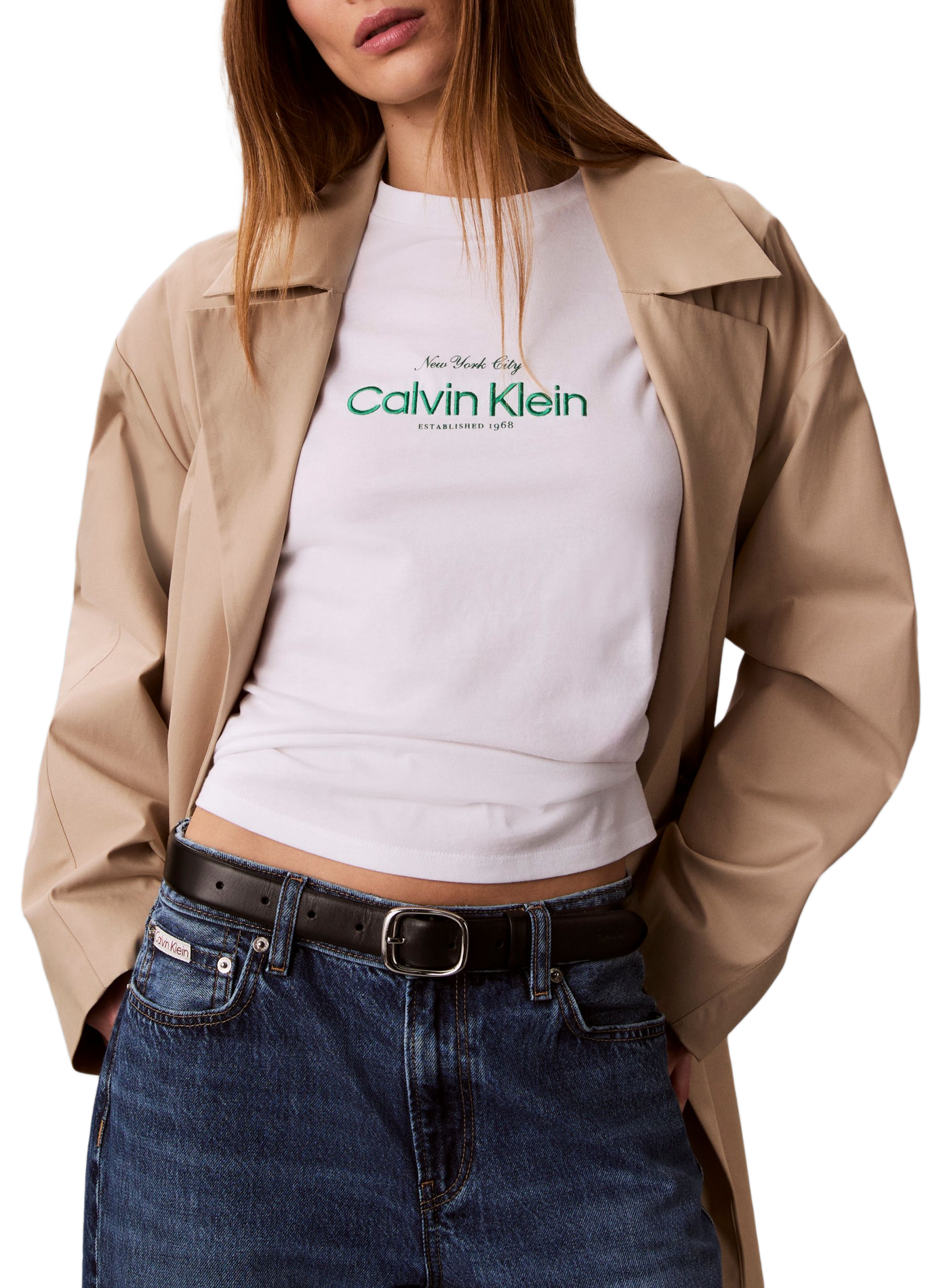 T-shirt brodé à col rond en coton CALVIN KLEIN Blanc