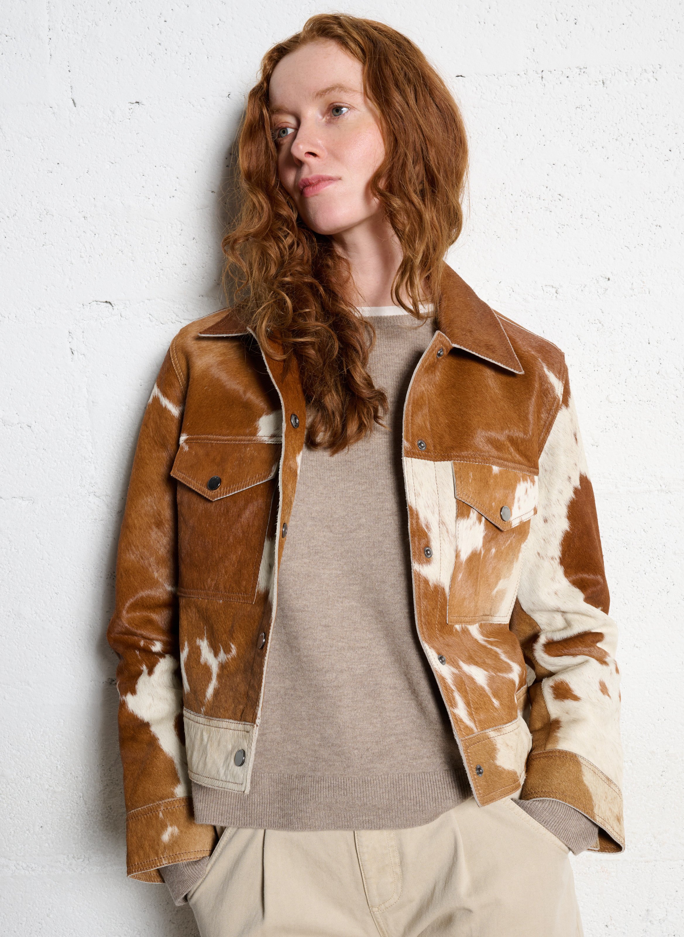 Veste droite col classique en cuir imprimé IKKS Beige