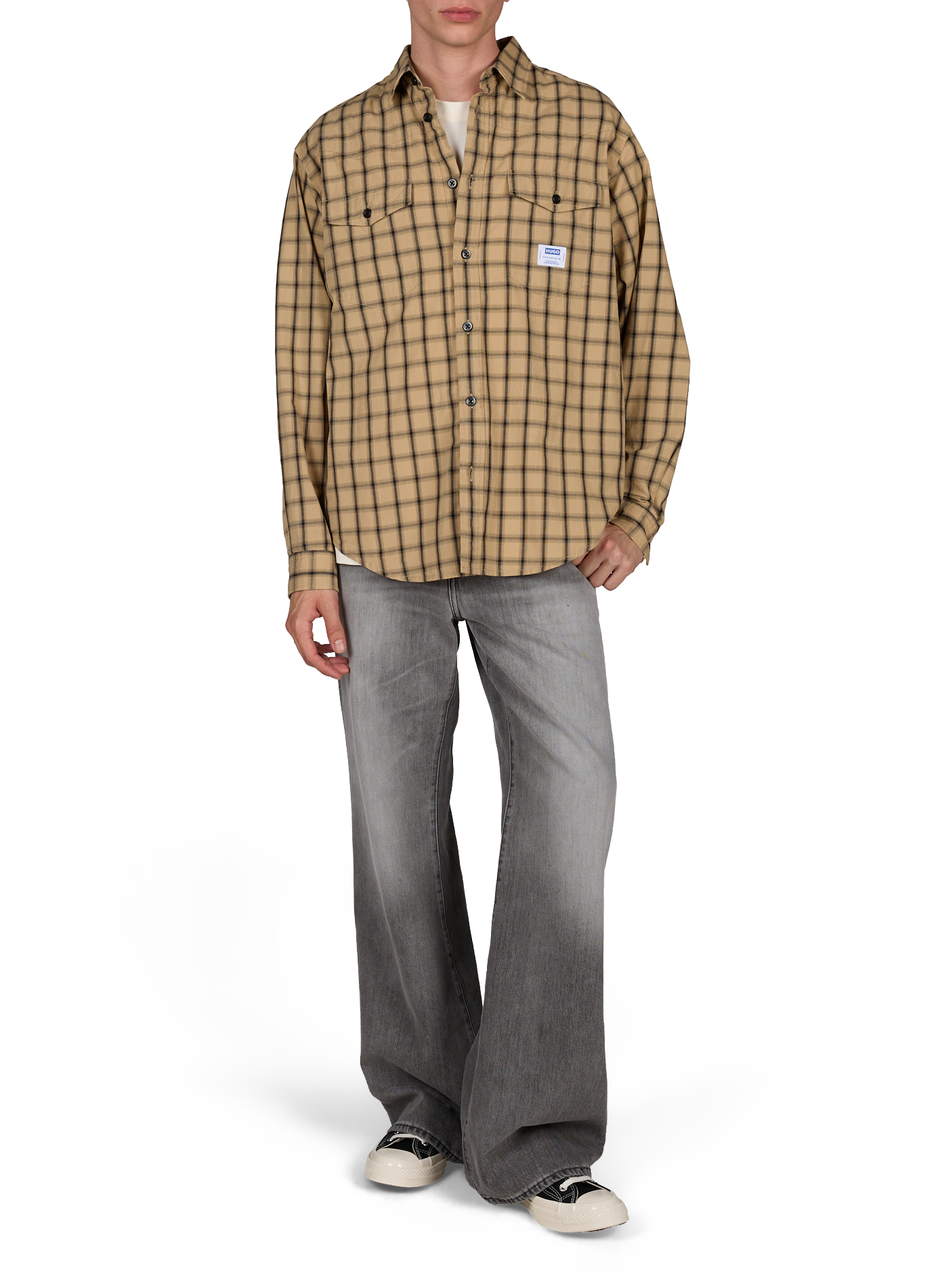Chemise oversize à carreaux en coton HUGO BLUE Beige