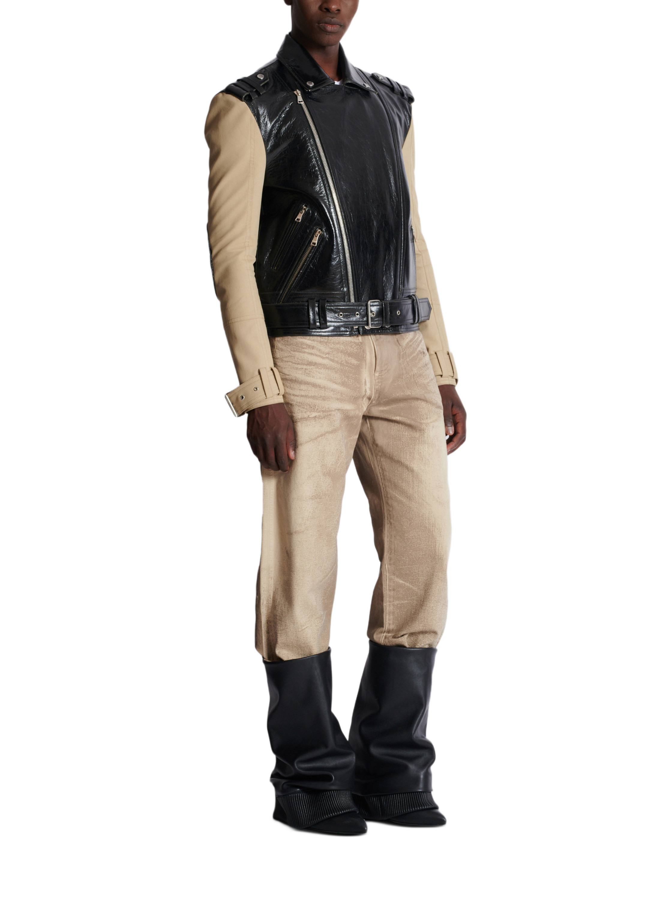 Veste biker bi-matière en cuir et coton BALMAIN Noir