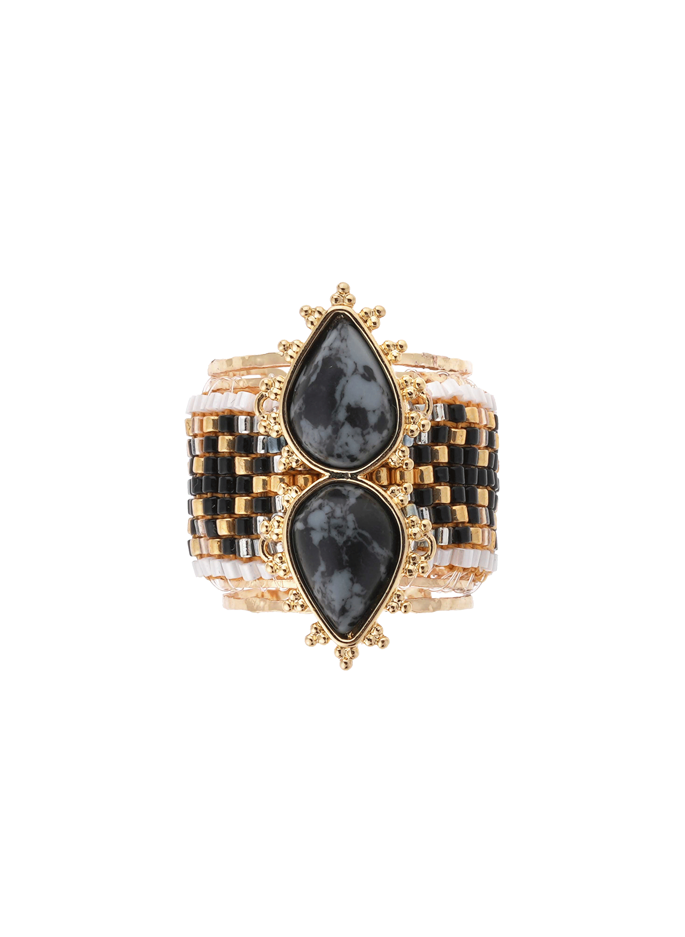 Bague réglable avec cabochon central et perles tissées viva HIPANEMA Noir