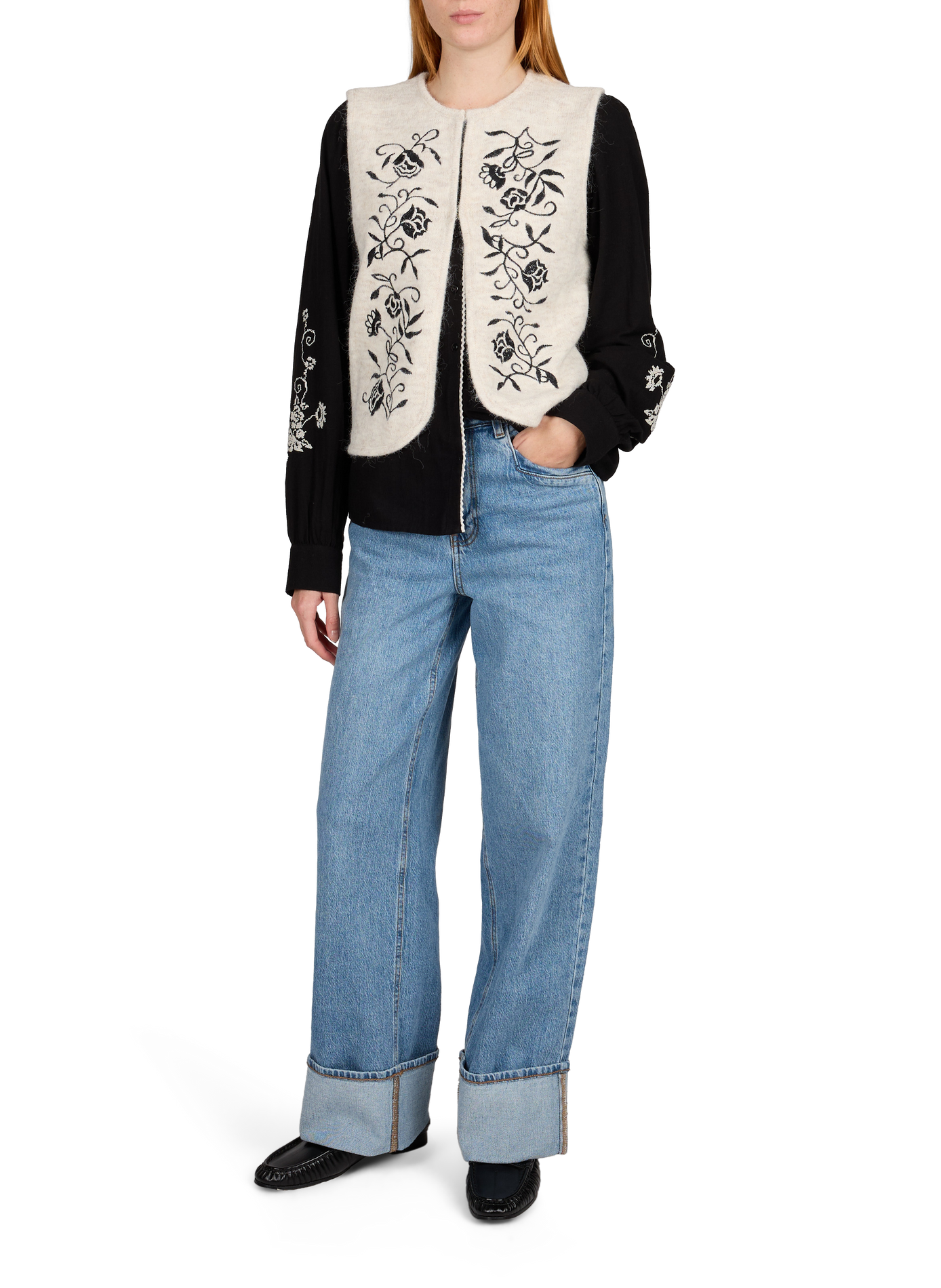 Gilet col rond droit brodé VILA Beige