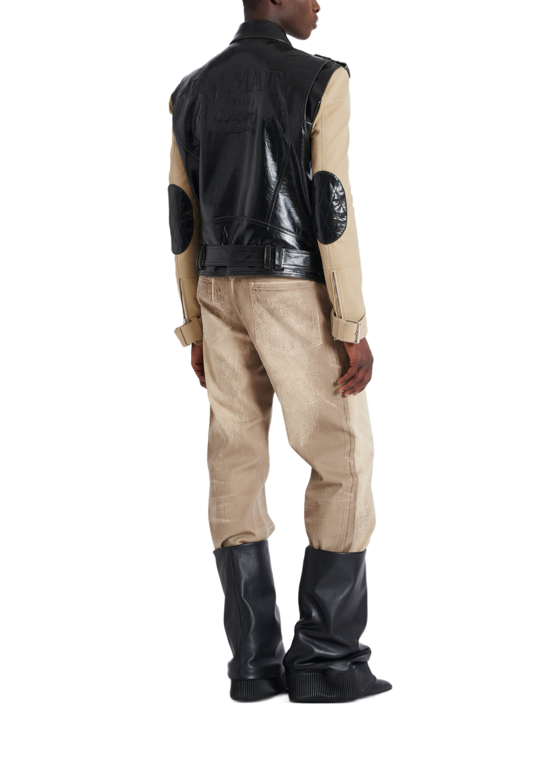 Veste biker bi-matière en cuir et coton BALMAIN Noir