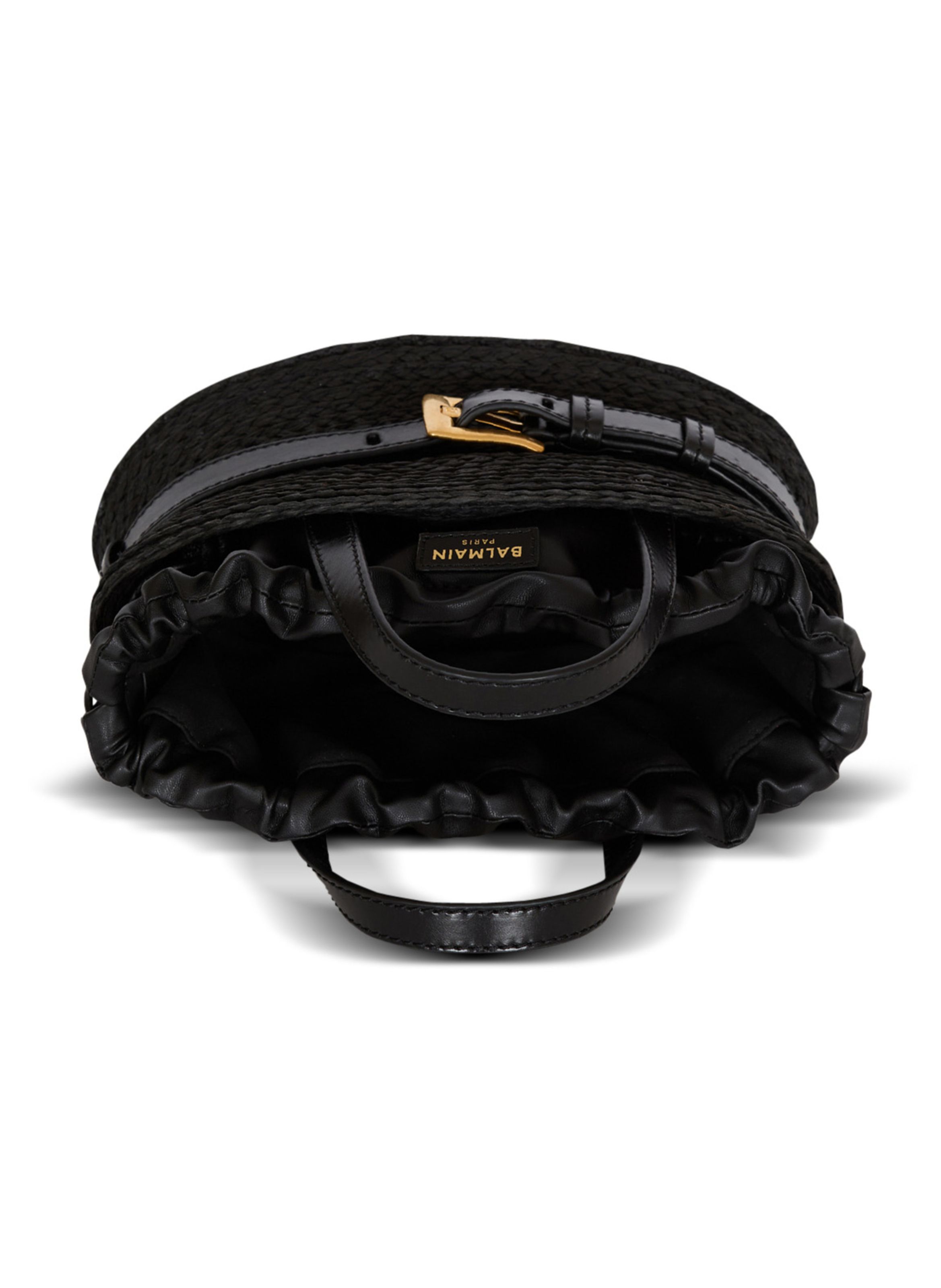 Sac shuffle mini en cuir de veau et raphia BALMAIN Noir