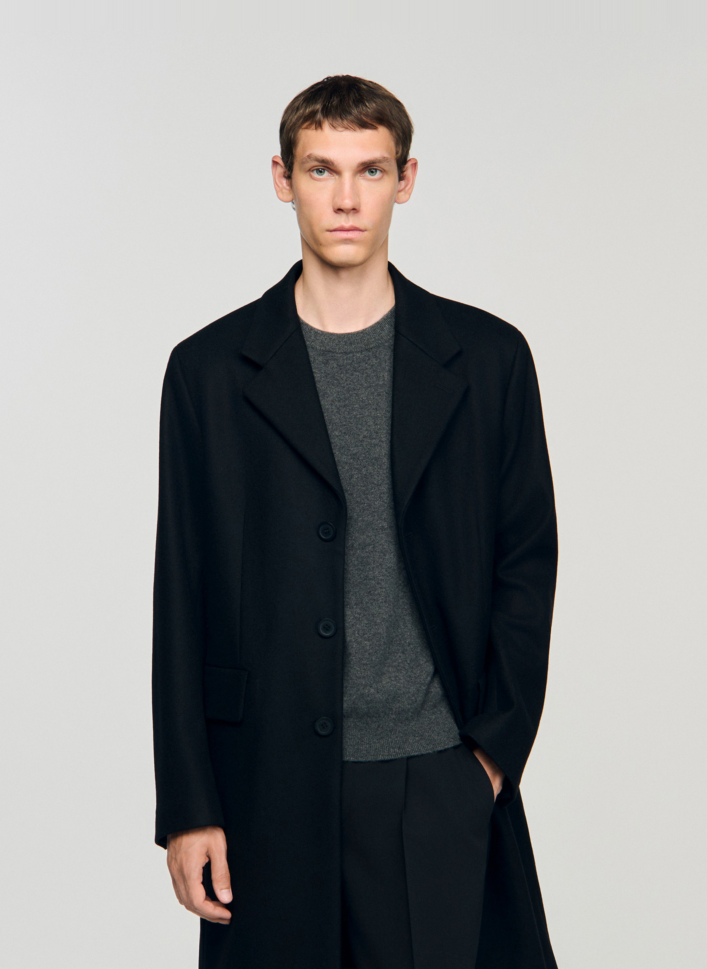 Manteau droit en laine mélangée SANDRO Noir