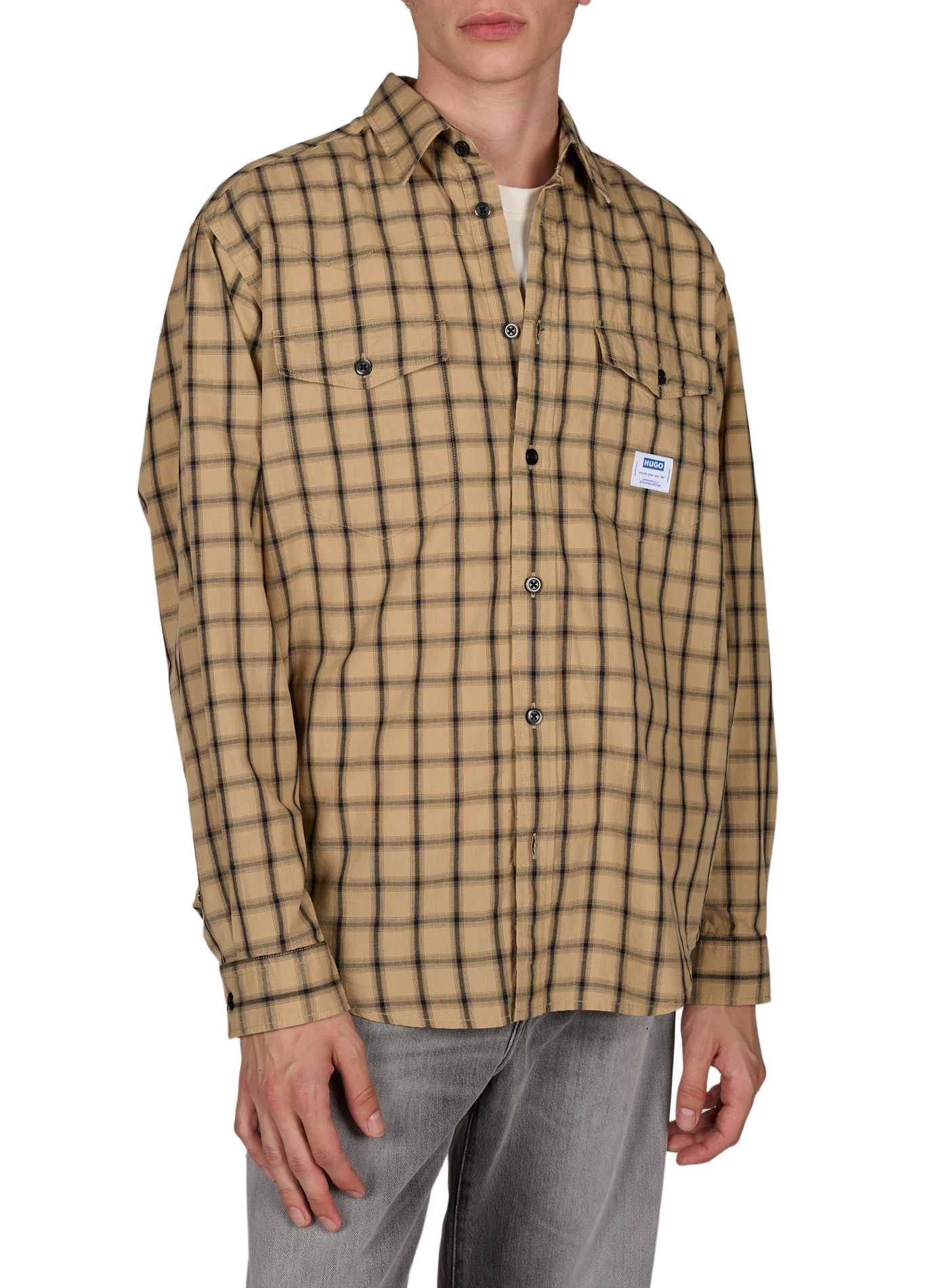 Chemise oversize à carreaux en coton HUGO BLUE Beige