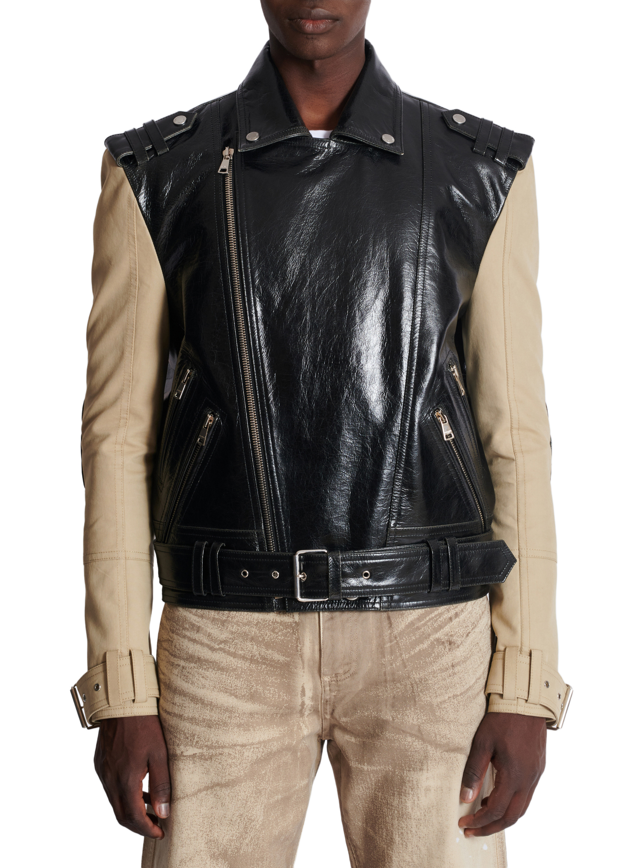 Veste biker bi-matière en cuir et coton BALMAIN Noir