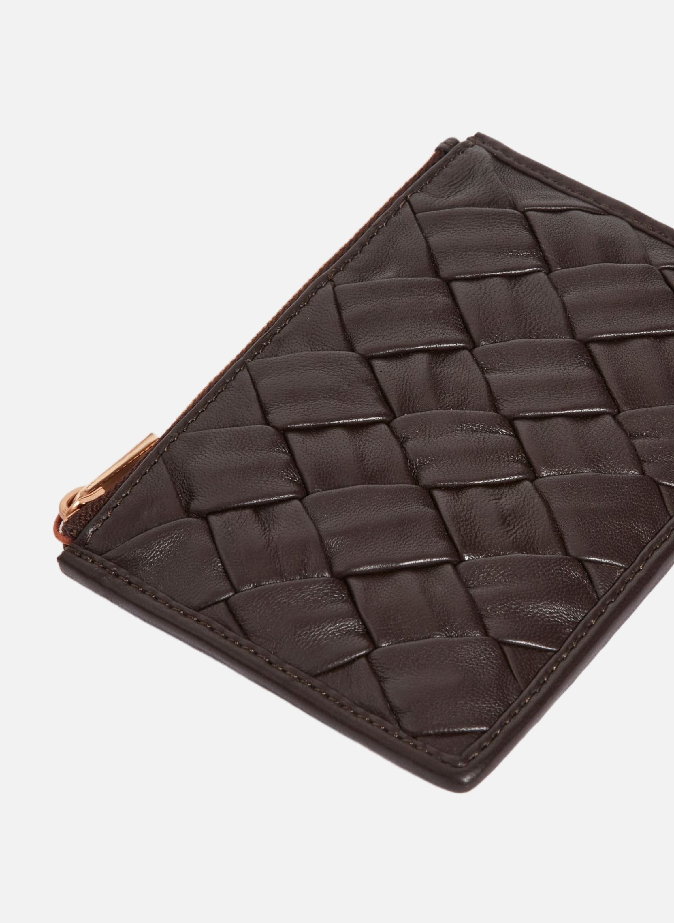 Porte monnaie en cuir tréssé noir Marron