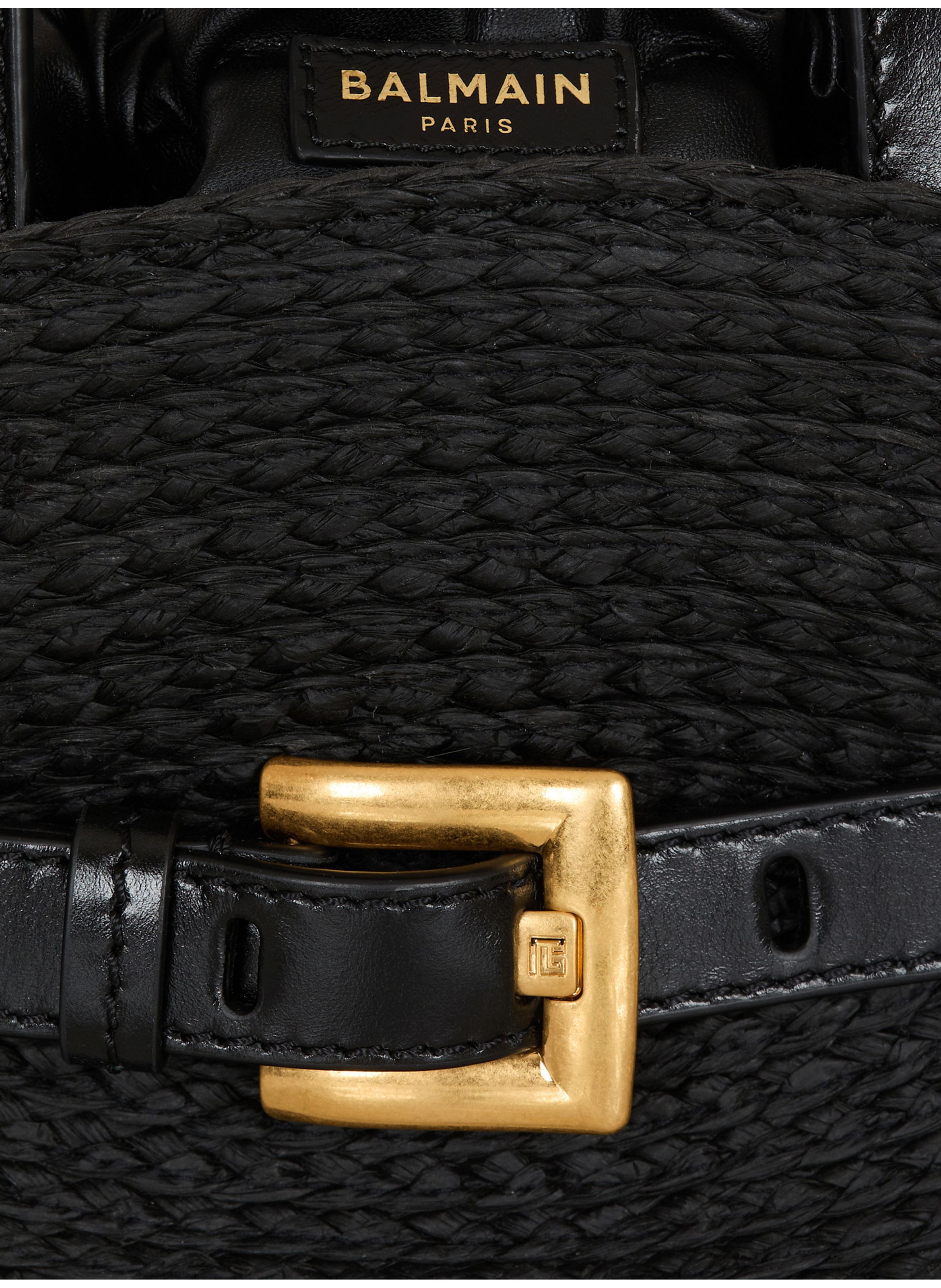 Sac shuffle mini en cuir de veau et raphia BALMAIN Noir