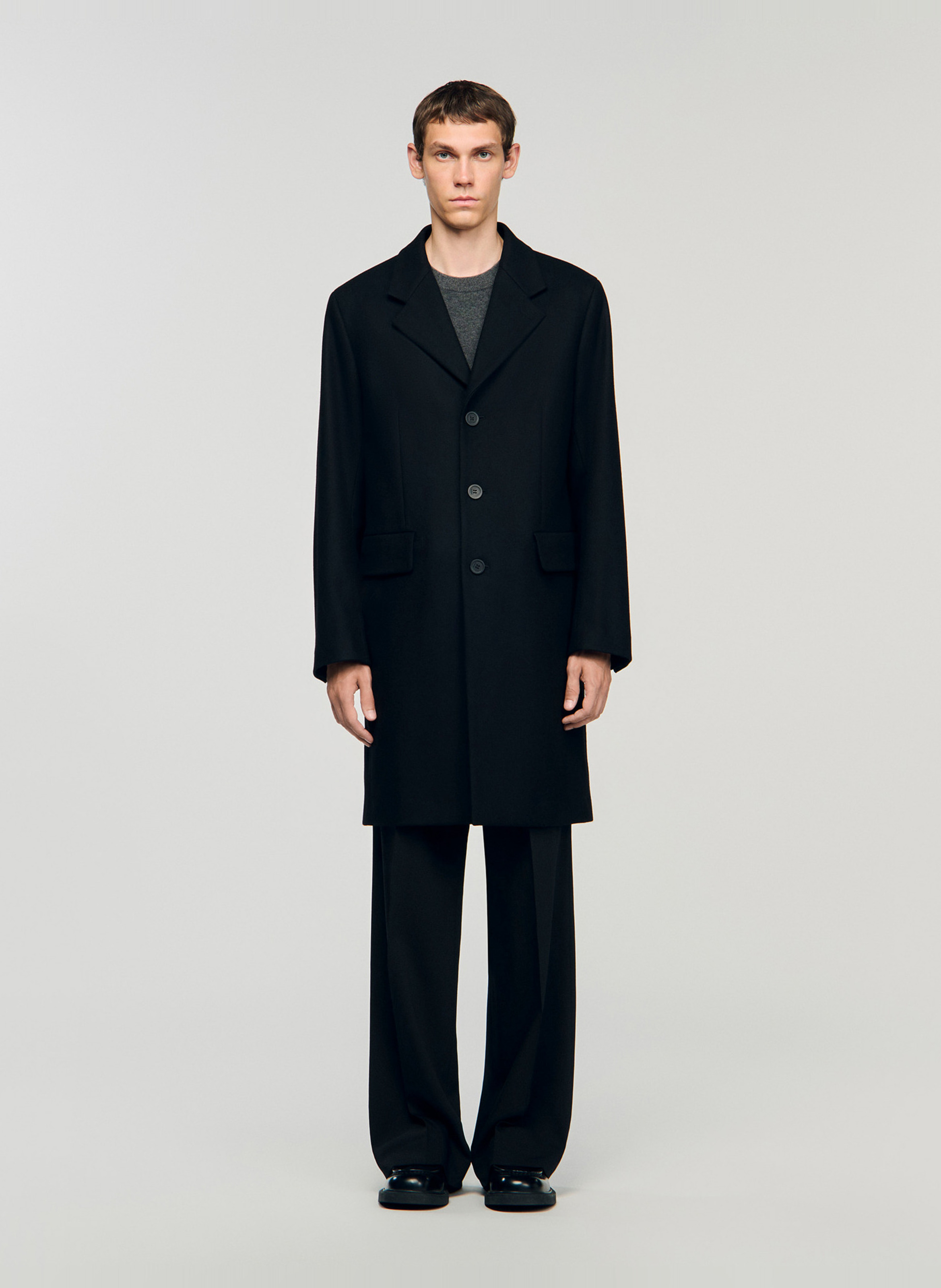 Manteau droit en laine mélangée SANDRO Noir