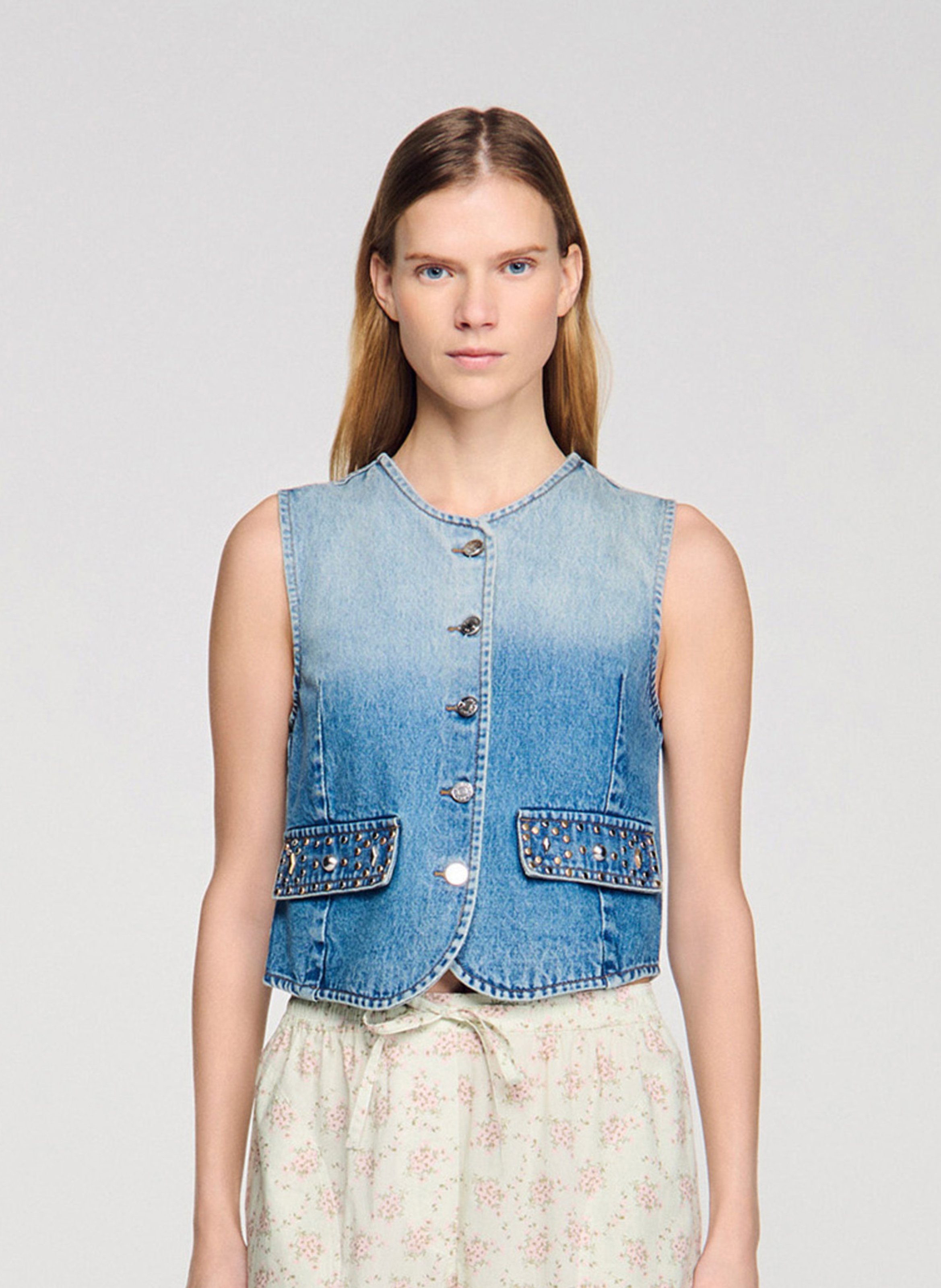 Veste sans manche en jean délavé SANDRO Bleu