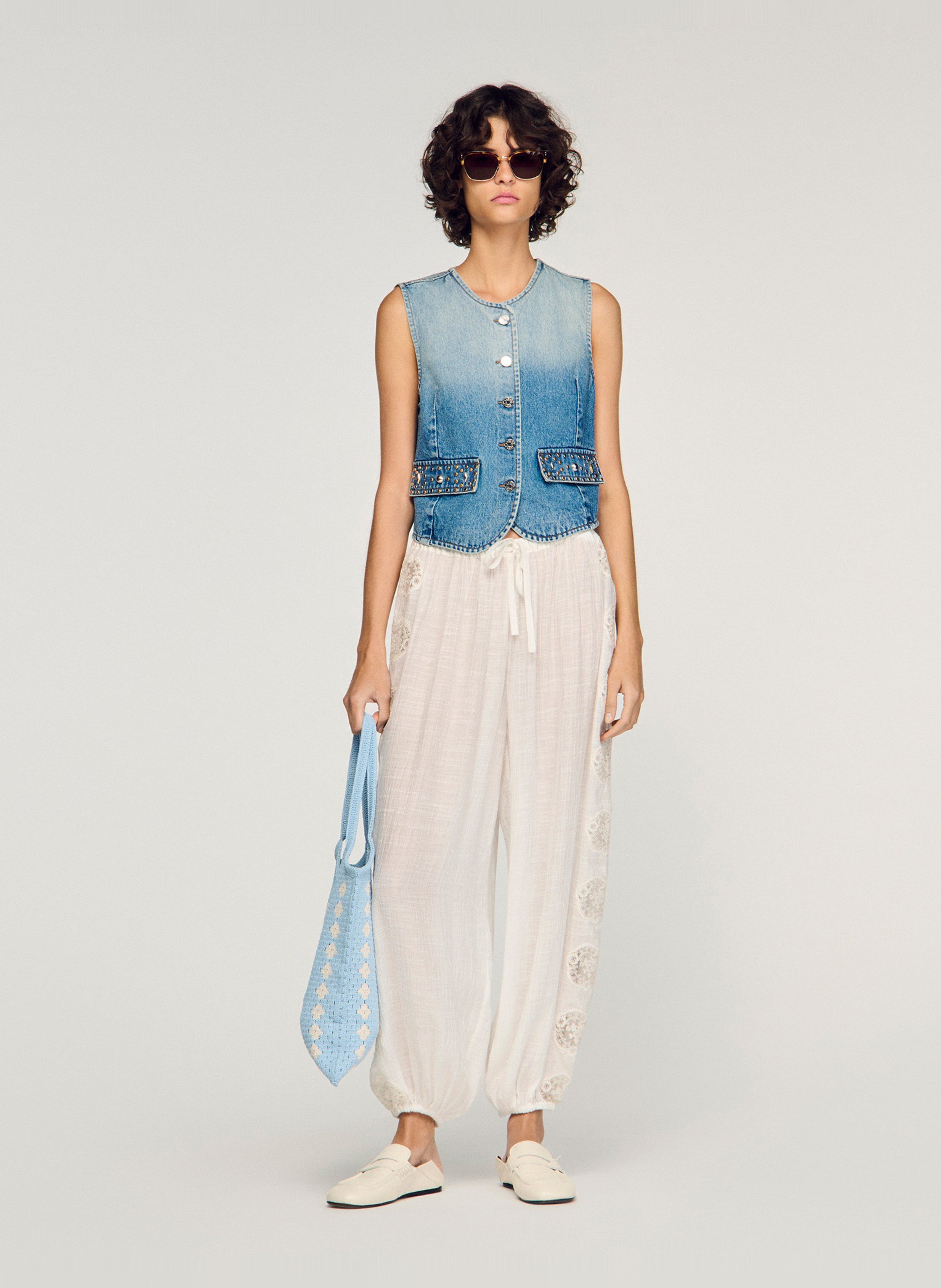 Pantalon large en dentelle SANDRO Blanc